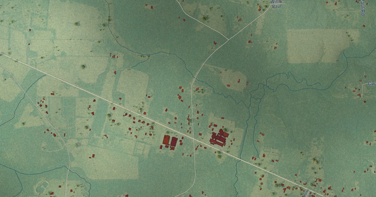 Close-up of streets and buildings in Buckeye, Louisiana