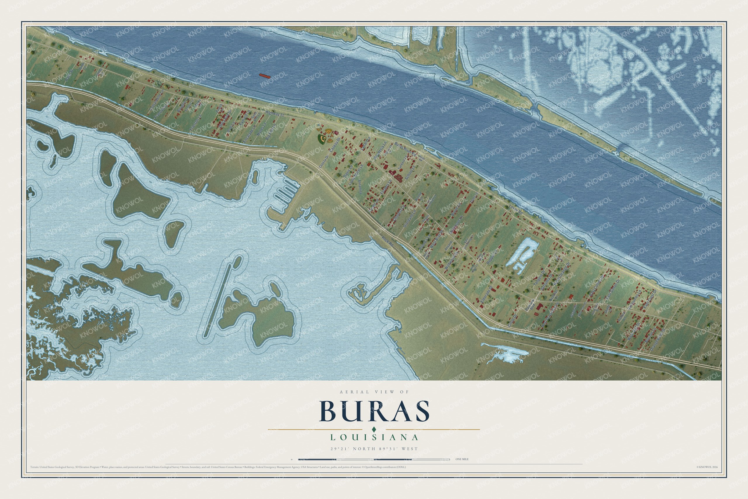 Full map of Buras, Louisiana, with red buildings, printed street names and the land around them
