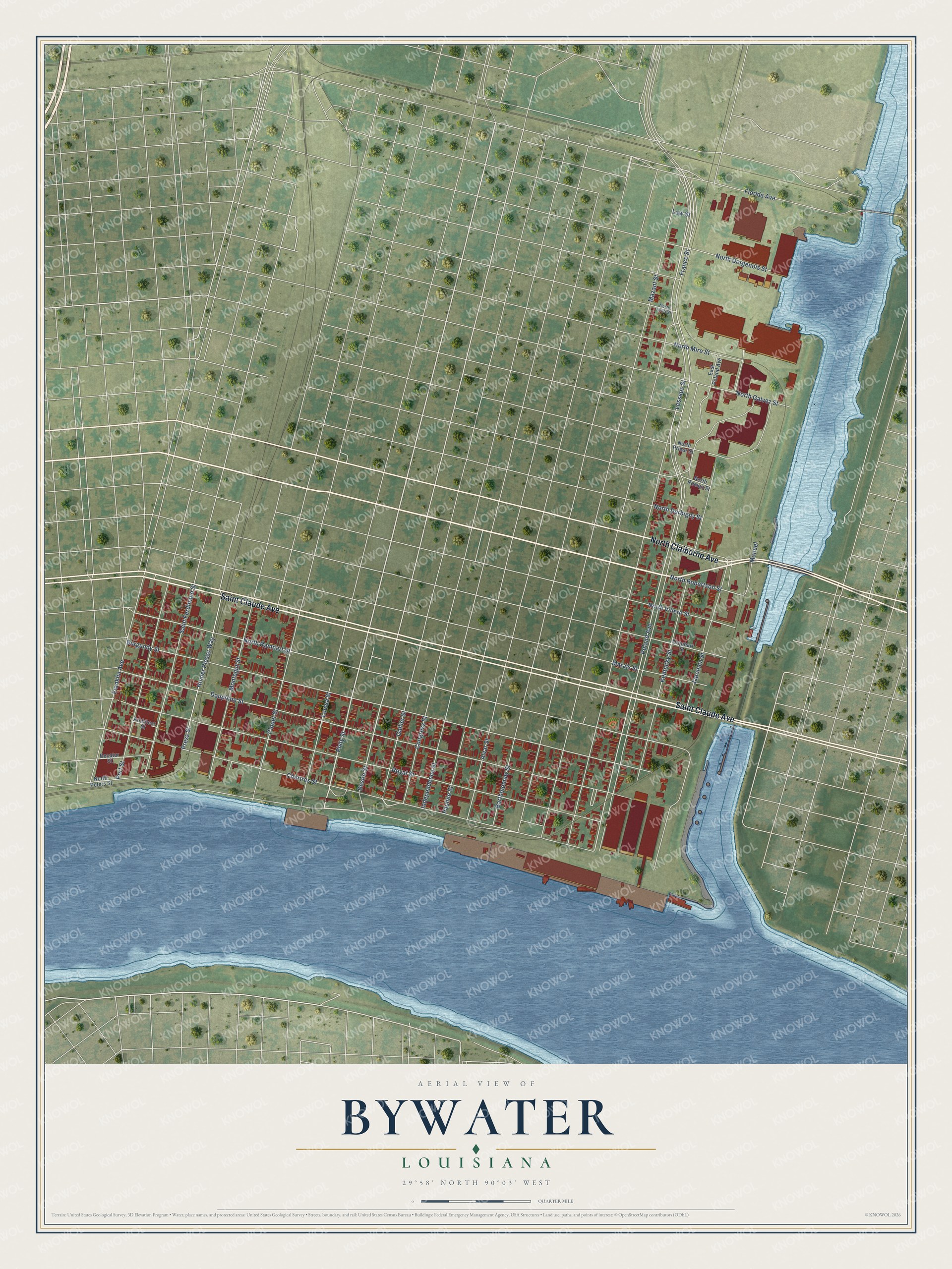Full map of Bywater, Louisiana, with red buildings, printed street names and the land around them