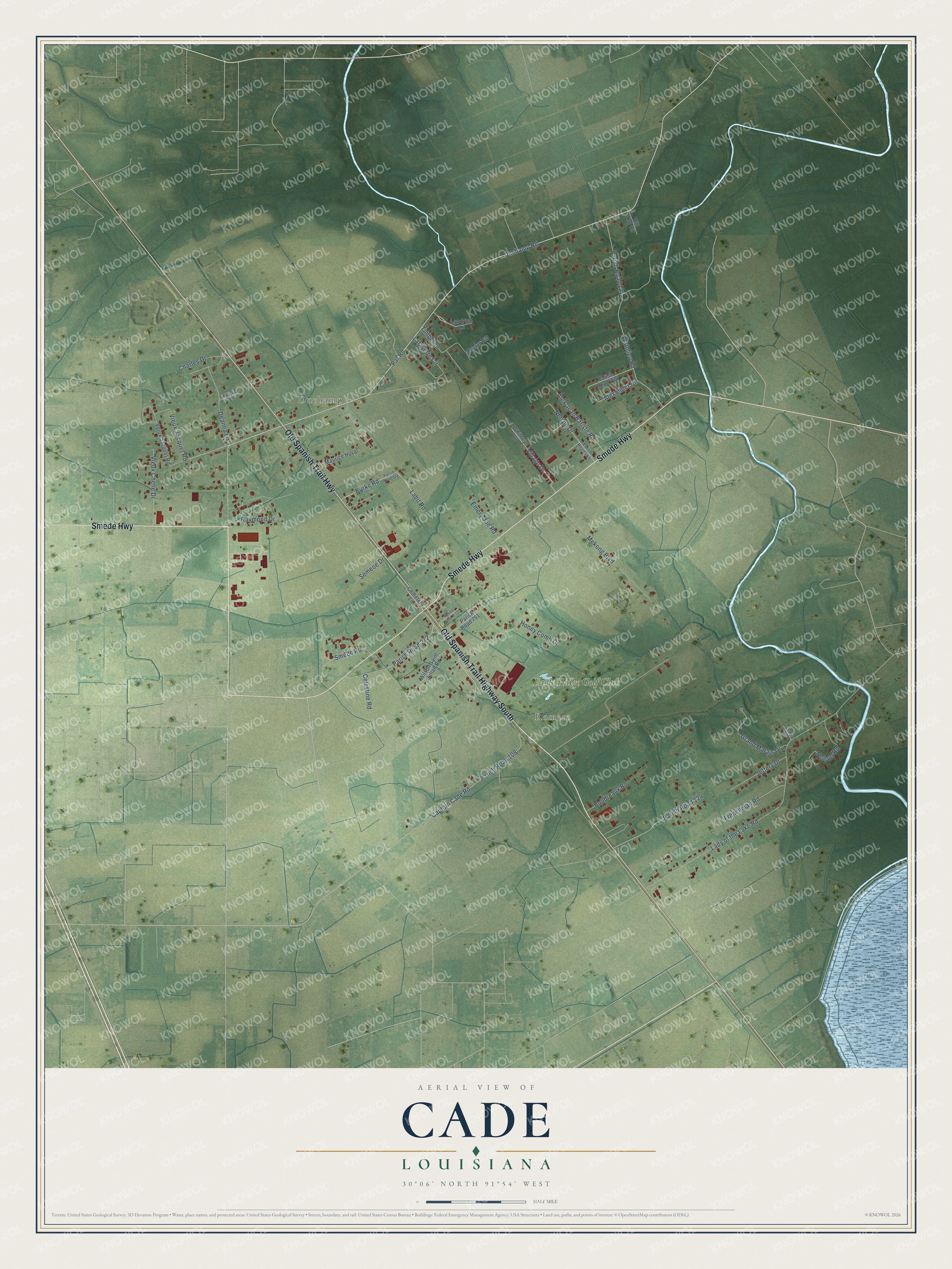 Full map of Cade, Louisiana, with red buildings, printed street names and the land around them
