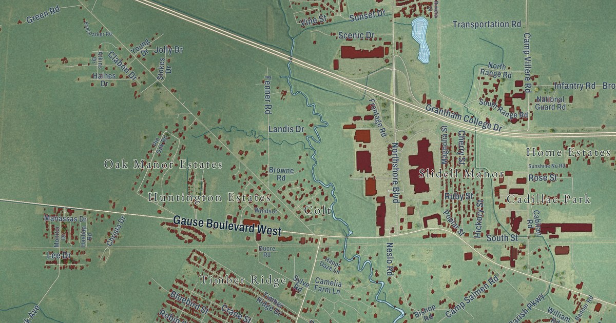 Close-up of streets and buildings in Carolyn Park, Louisiana