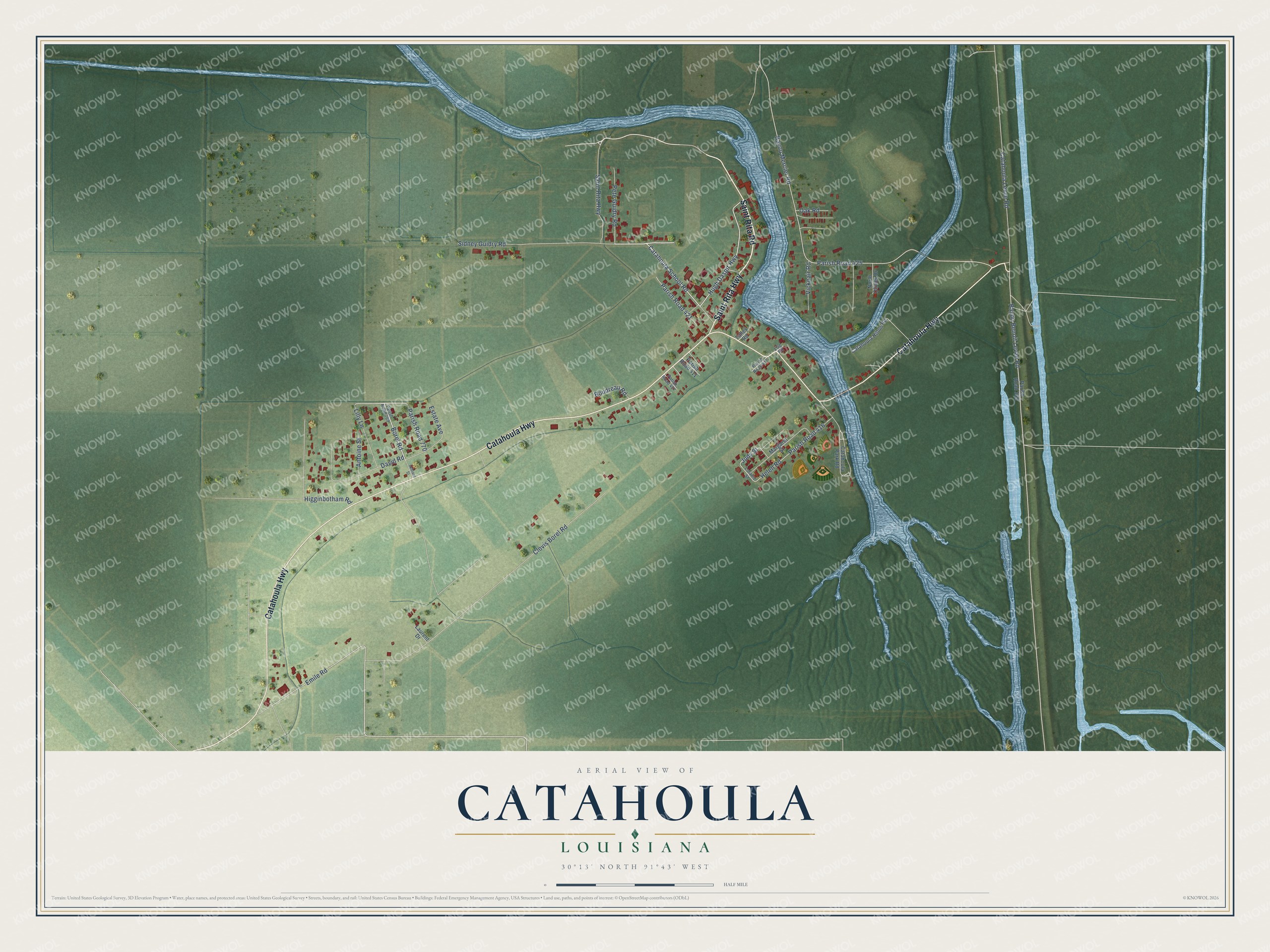 Full map of Catahoula, Louisiana, with red buildings, printed street names and the land around them