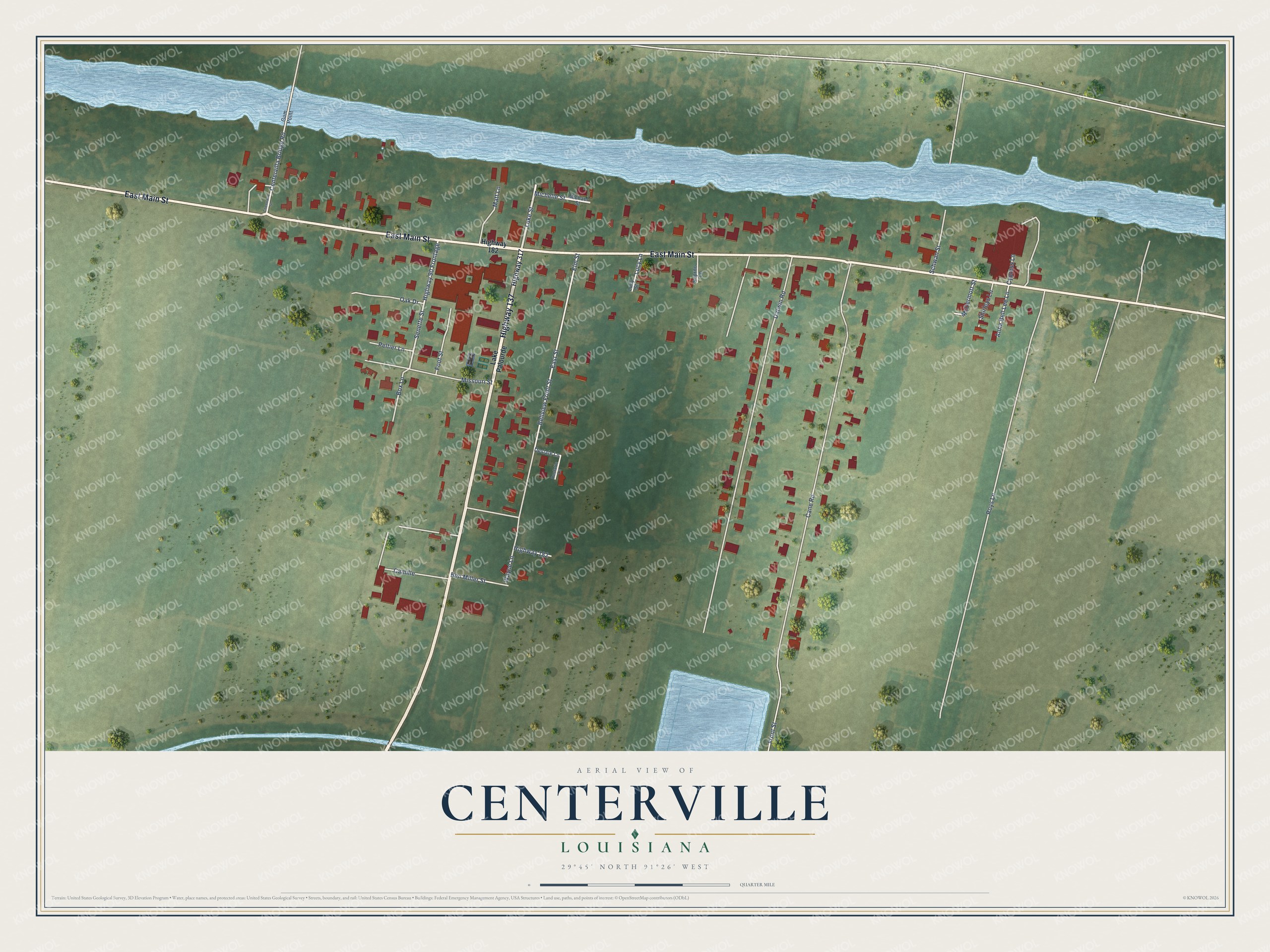 Full map of Centerville, Louisiana, with red buildings, printed street names and the land around them
