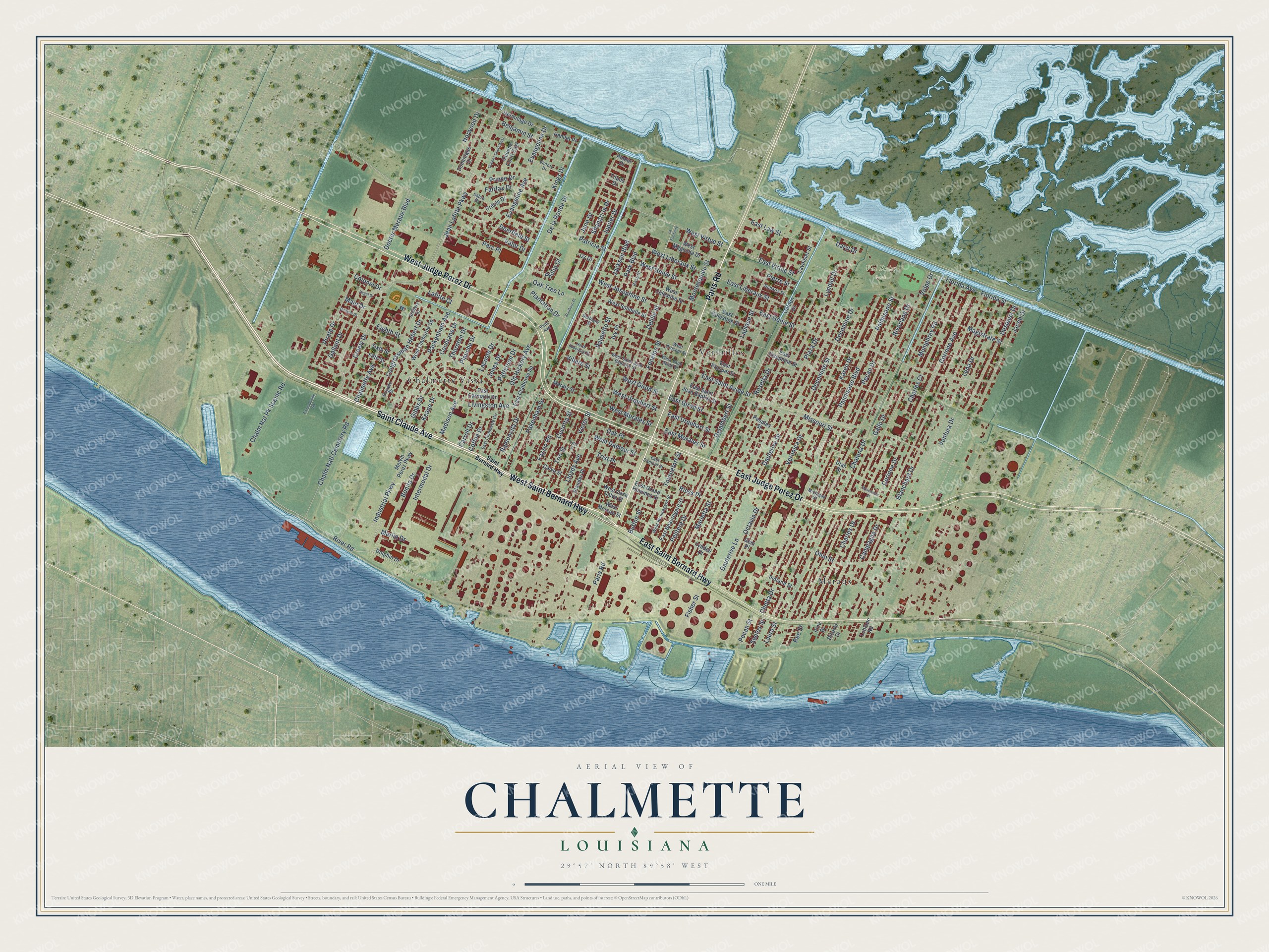 Full map of Chalmette, Louisiana, with red buildings, printed street names and the land around them