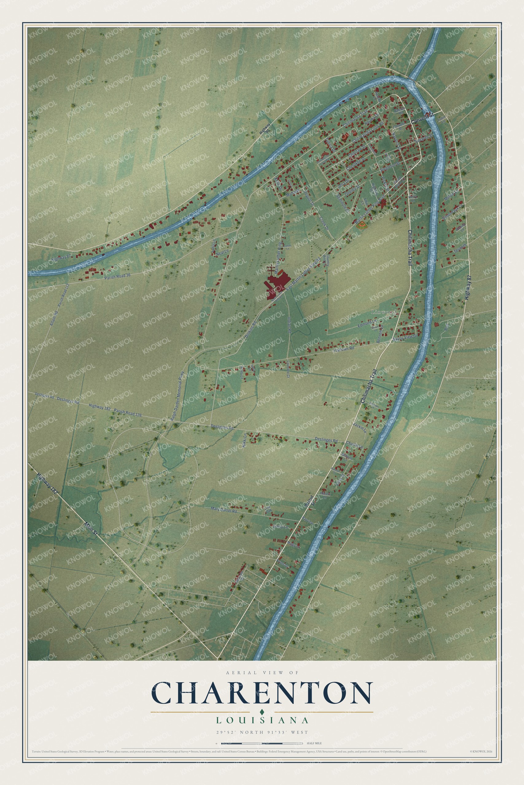 Full map of Charenton, Louisiana, with red buildings, printed street names and the land around them