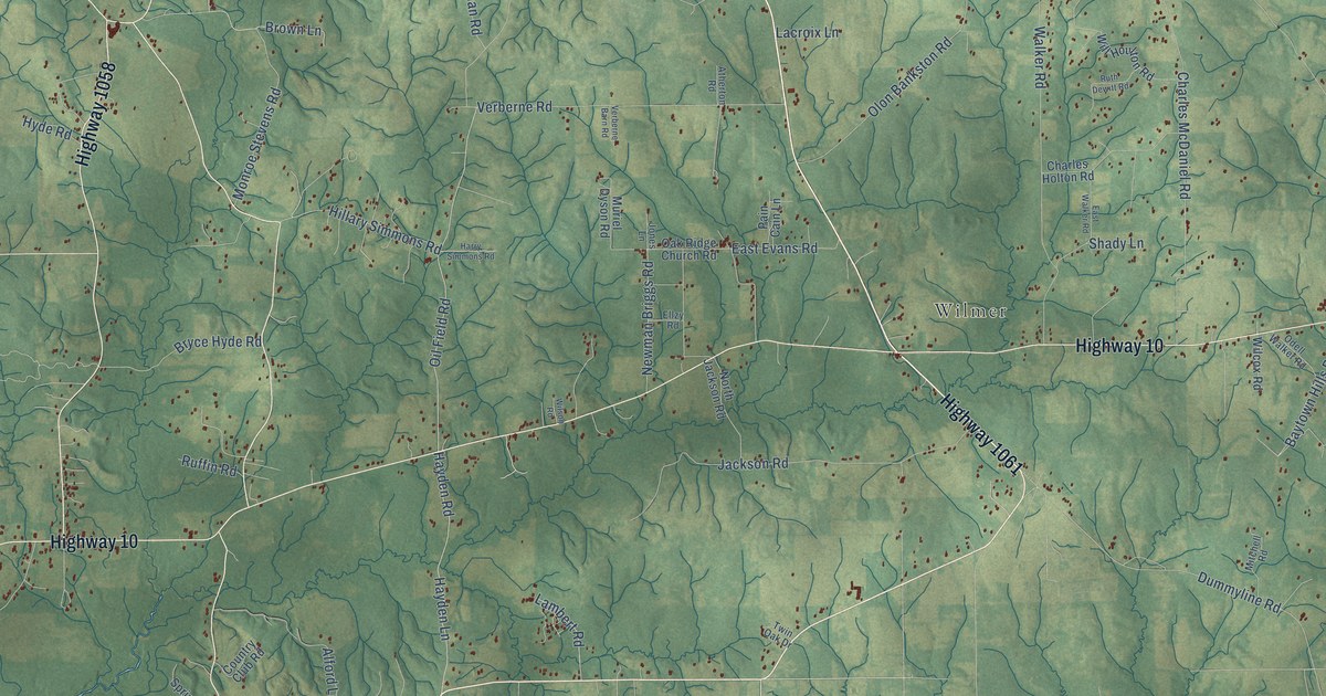 Close-up of streets and buildings in Chesbrough, Louisiana