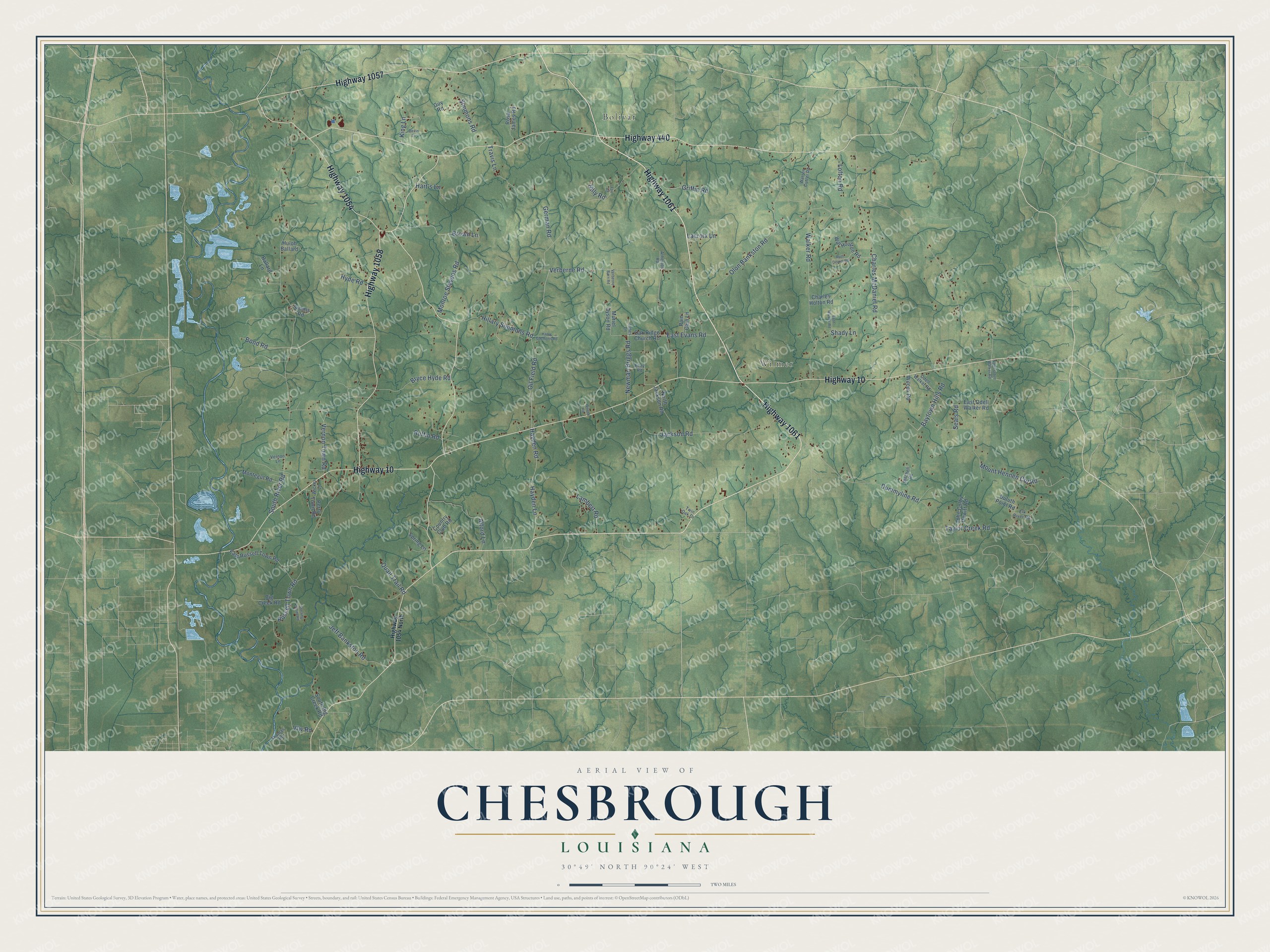 Full map of Chesbrough, Louisiana, with red buildings, printed street names and the land around them