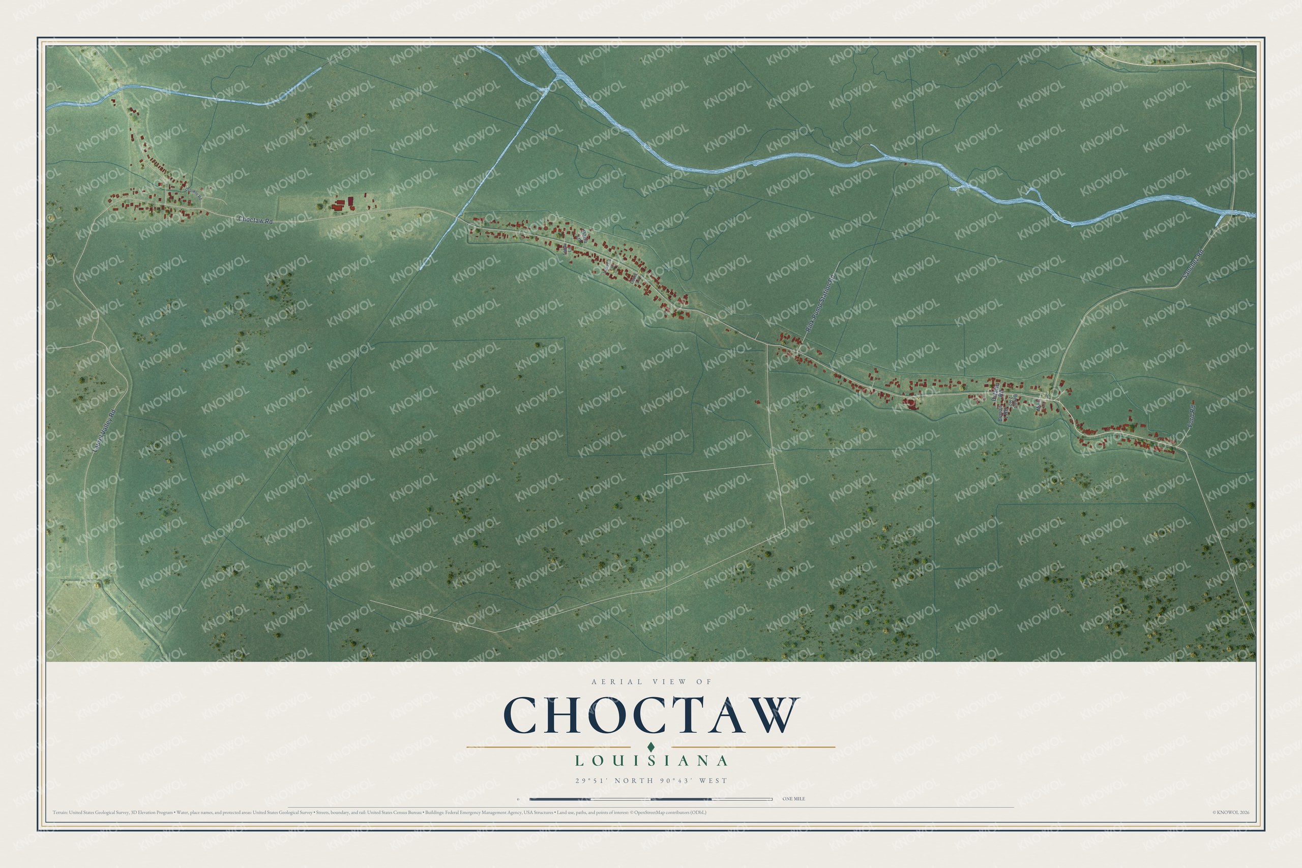 Full map of Choctaw, Louisiana, with red buildings, printed street names and the land around them