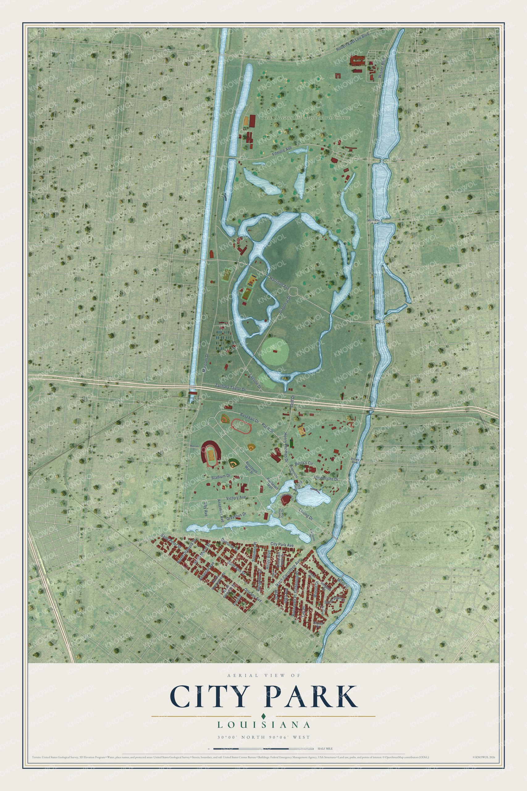 Full map of City Park, Louisiana, with red buildings, printed street names and the land around them
