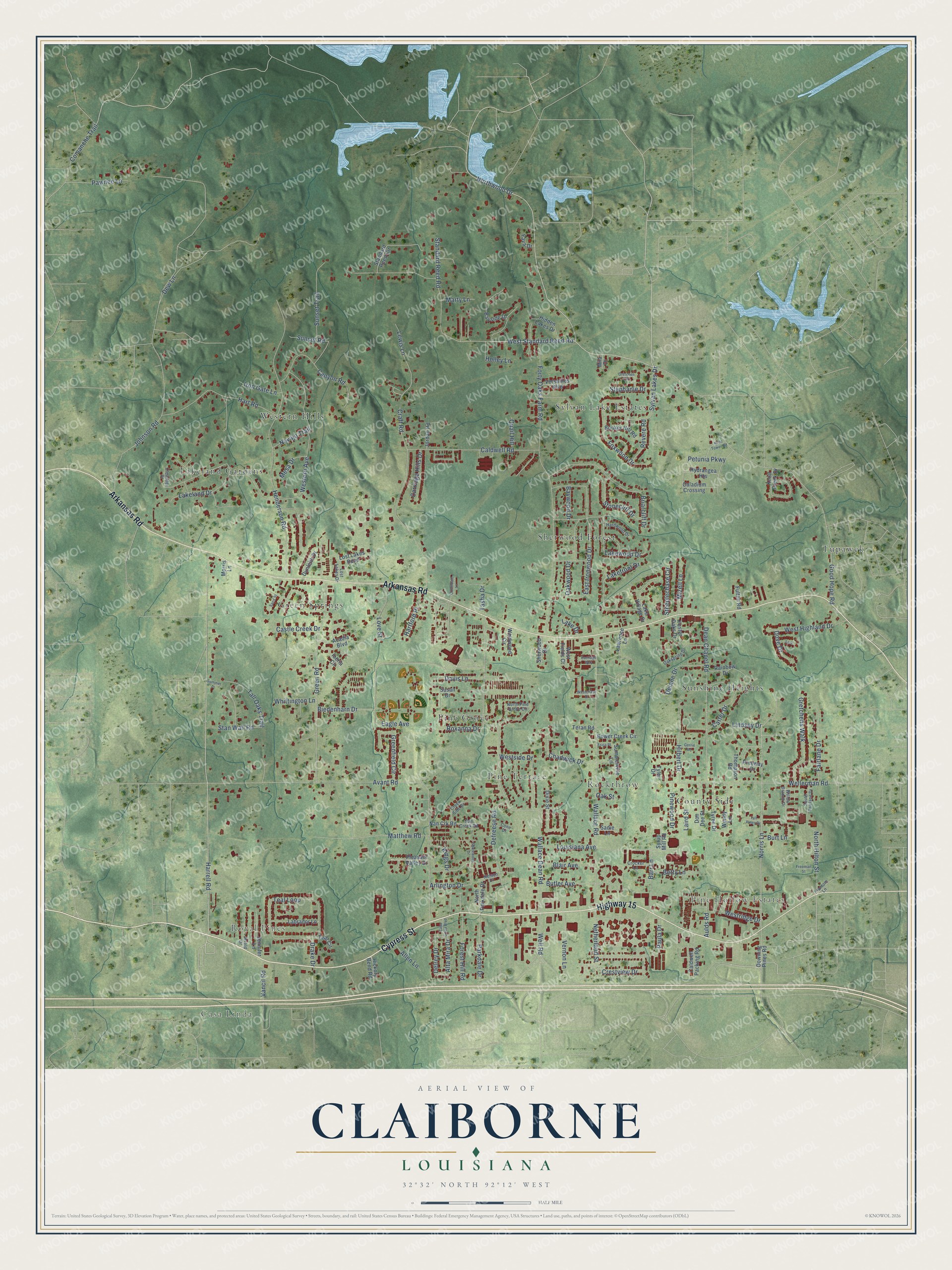 Full map of Claiborne, Louisiana, with red buildings, printed street names and the land around them
