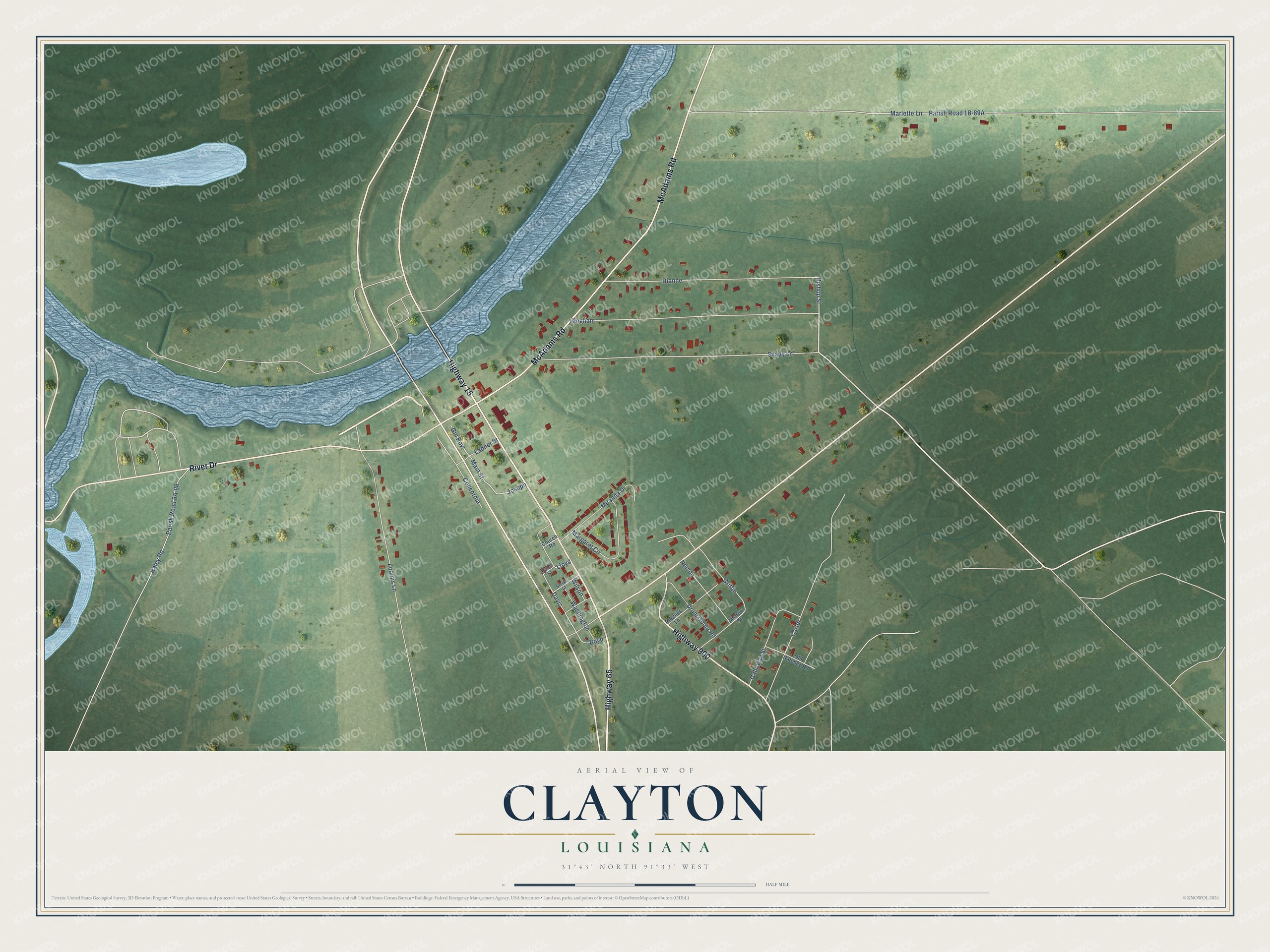 Watermarked full-map preview of Clayton, Louisiana
