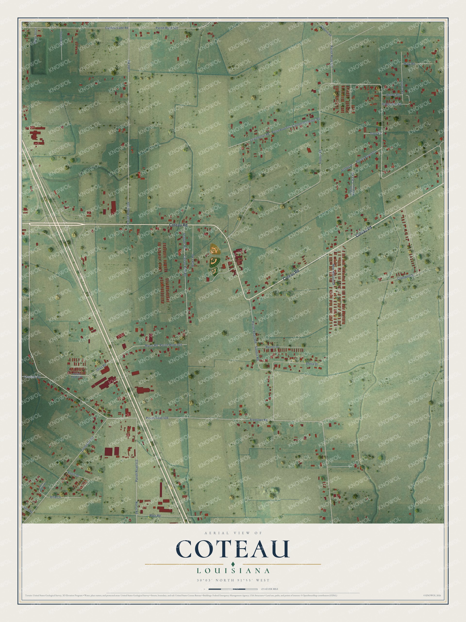 Full map of Coteau, Louisiana, with red buildings, printed street names and the land around them