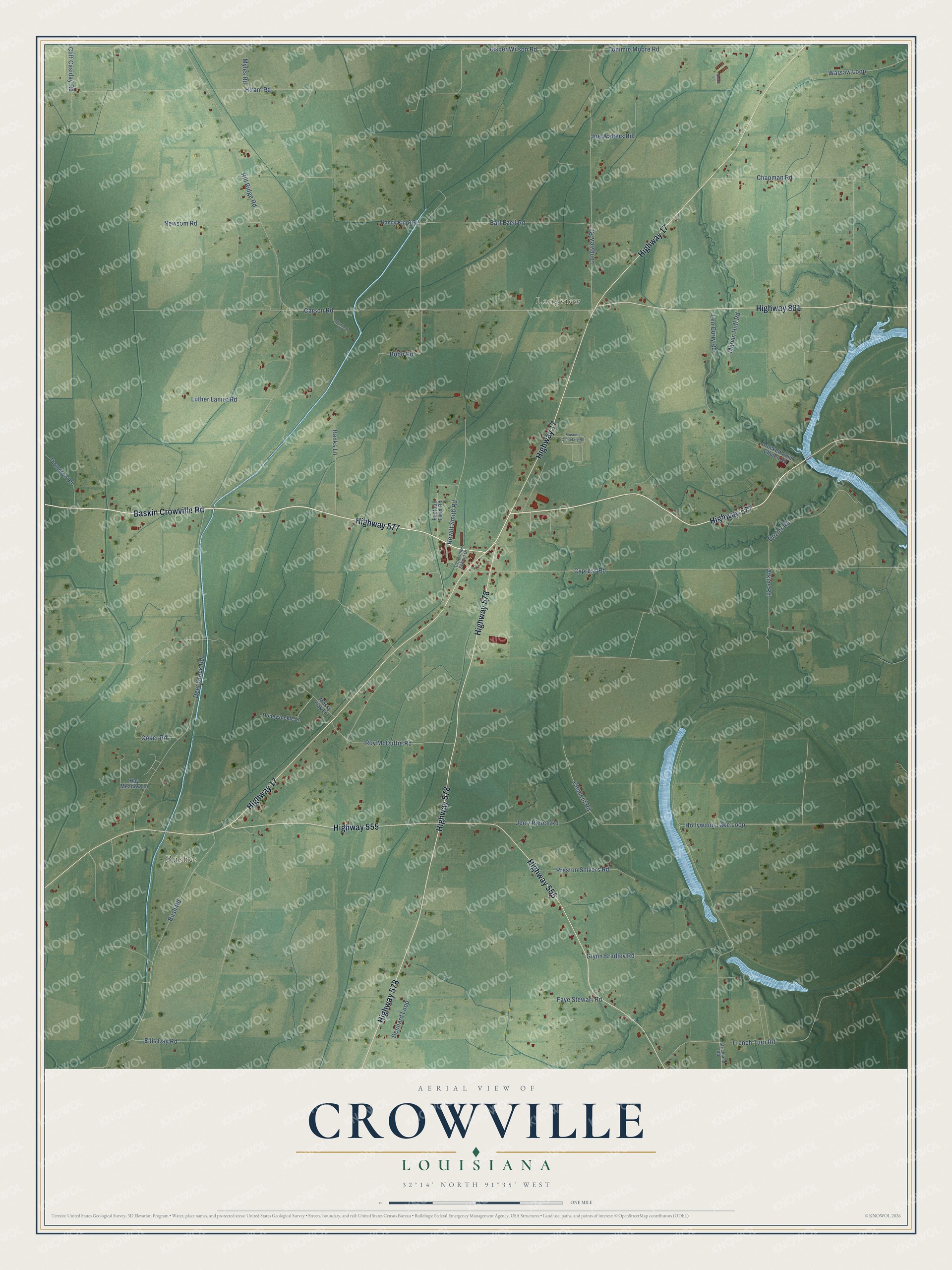 Full map of Crowville, Louisiana, with red buildings, printed street names and the land around them