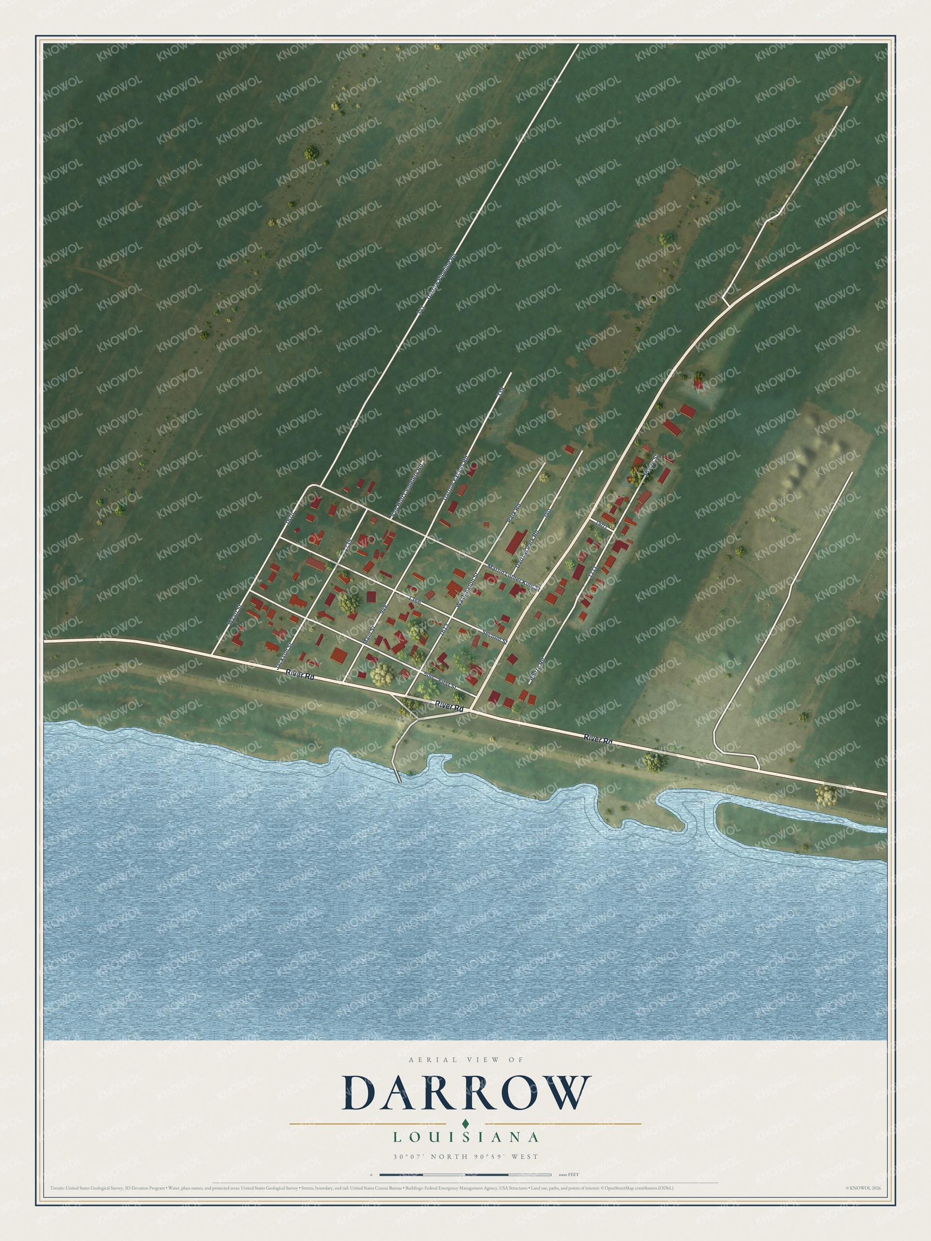 Full map of Darrow, Louisiana, with red buildings, printed street names and the land around them