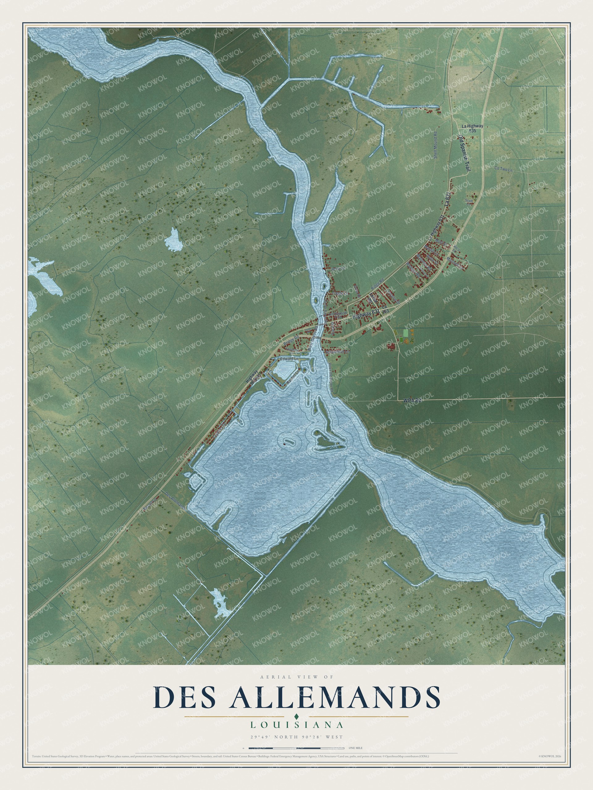 Full map of Des Allemands, Louisiana, with red buildings, printed street names and the land around them