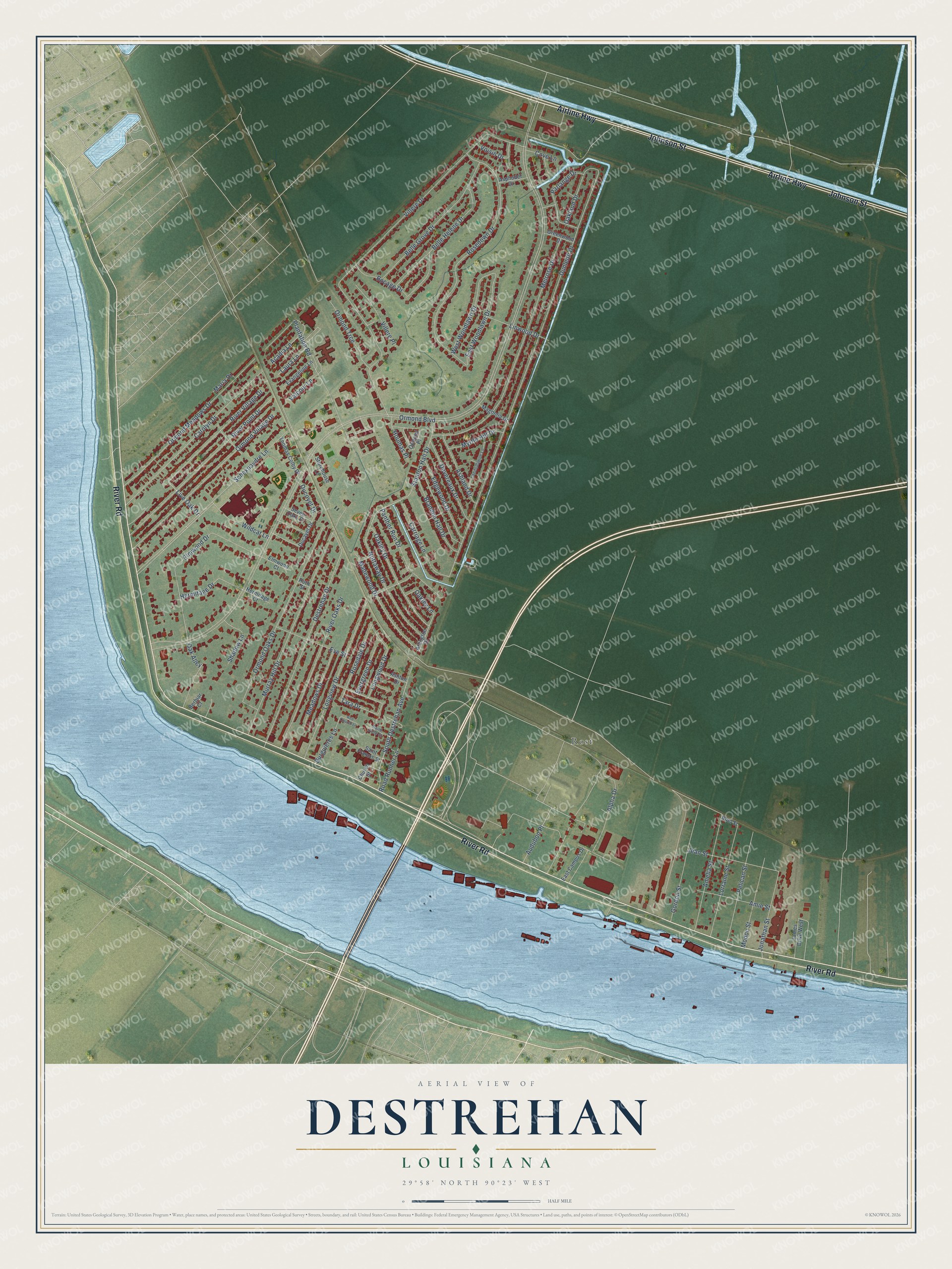 Watermarked full-map preview of Destrehan, Louisiana