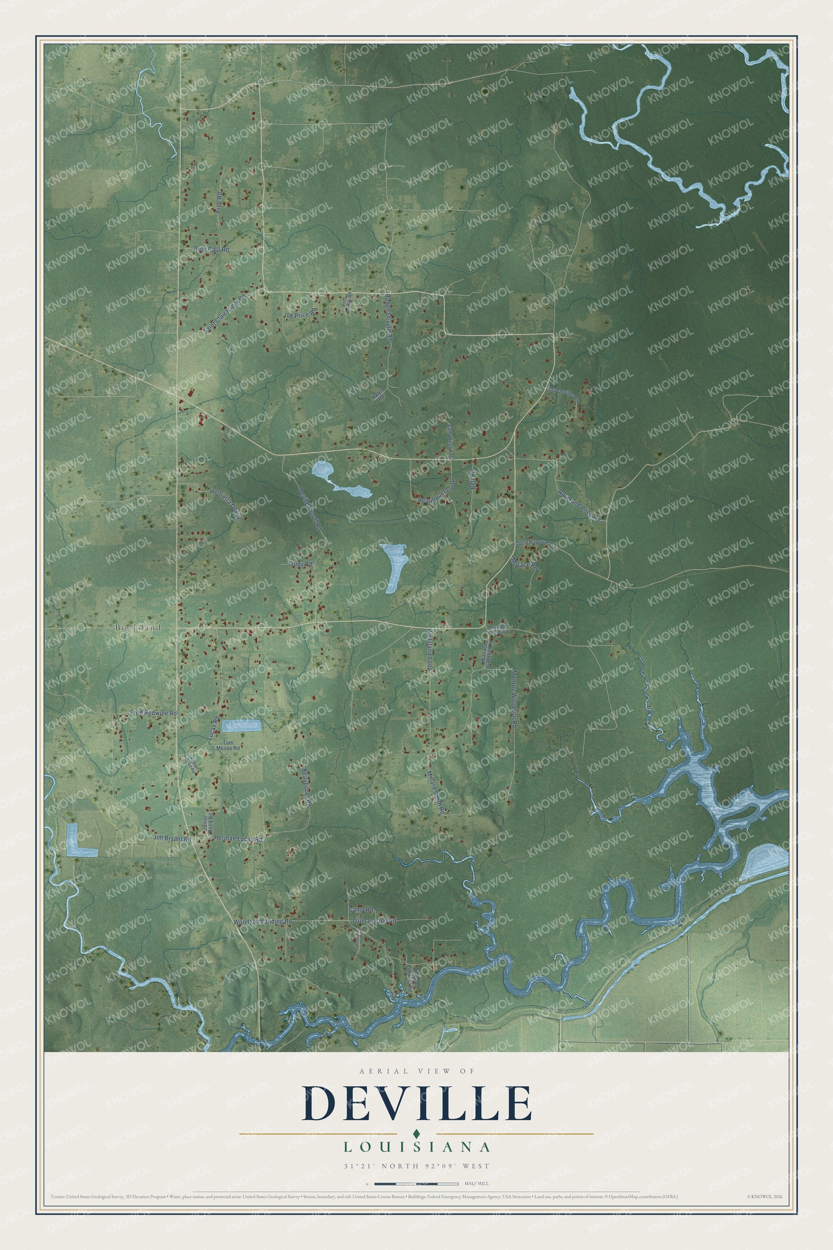 Full map of Deville, Louisiana, with red buildings, printed street names and the land around them