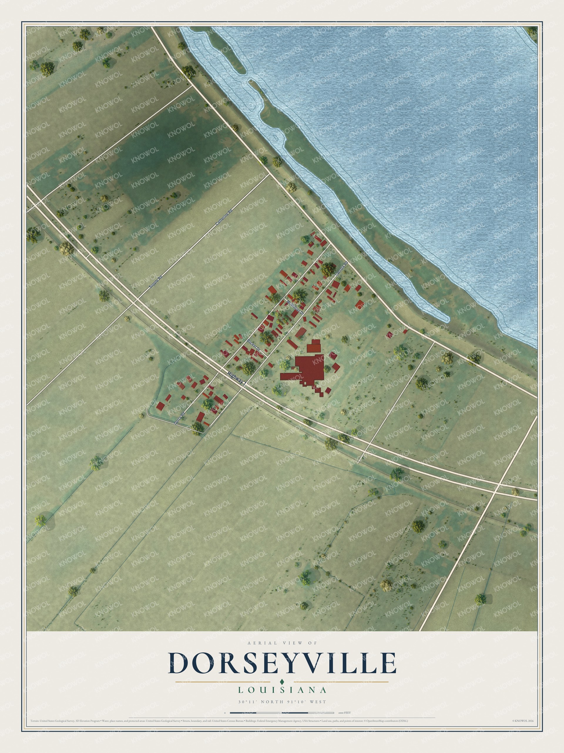 Full map of Dorseyville, Louisiana, with red buildings, printed street names and the land around them