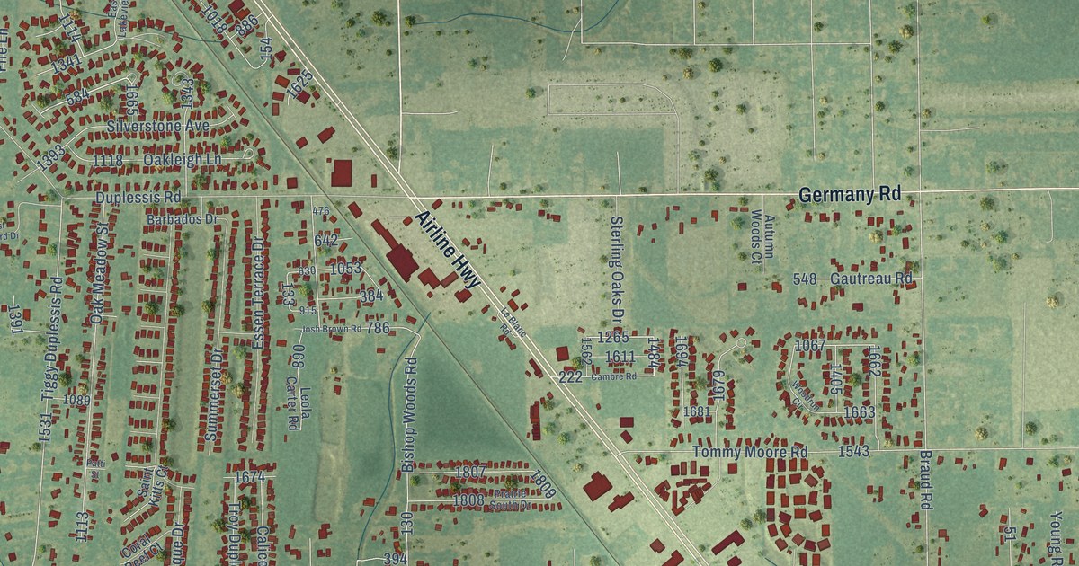 Close-up of streets and buildings in Duplessis, Louisiana
