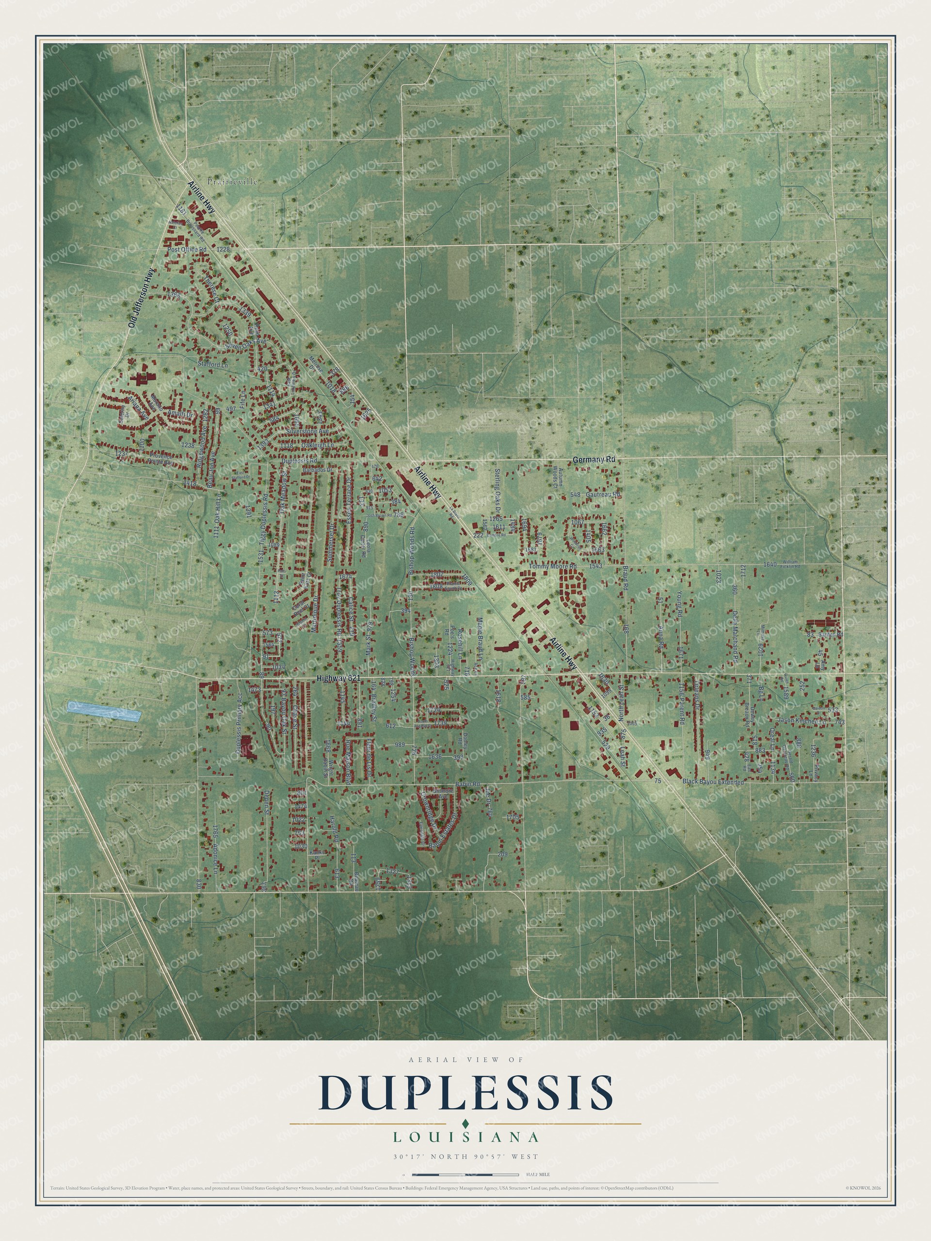 Full map of Duplessis, Louisiana, with red buildings, printed street names and the land around them