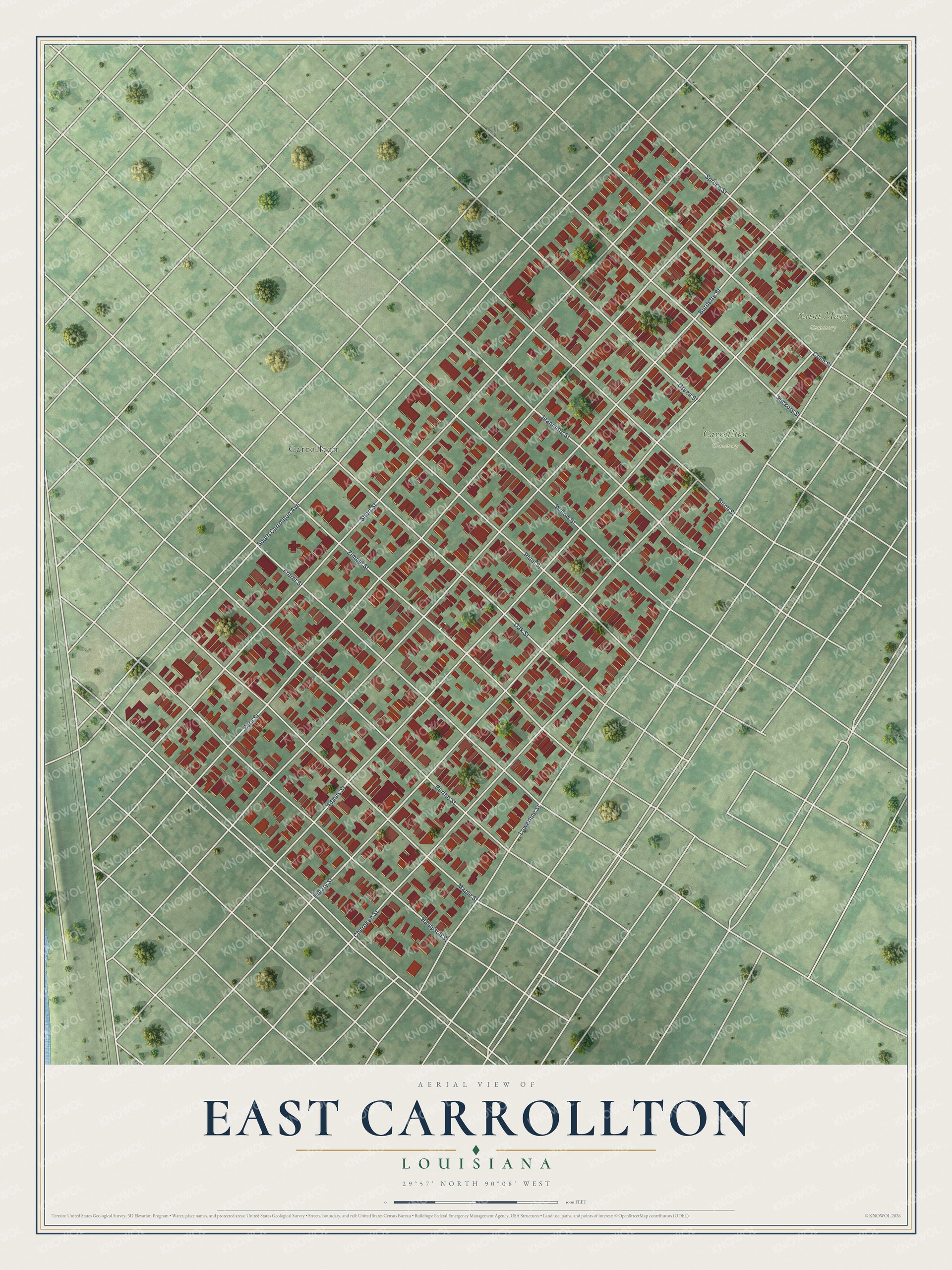 Full map of East Carrollton, Louisiana, with red buildings, printed street names and the land around them