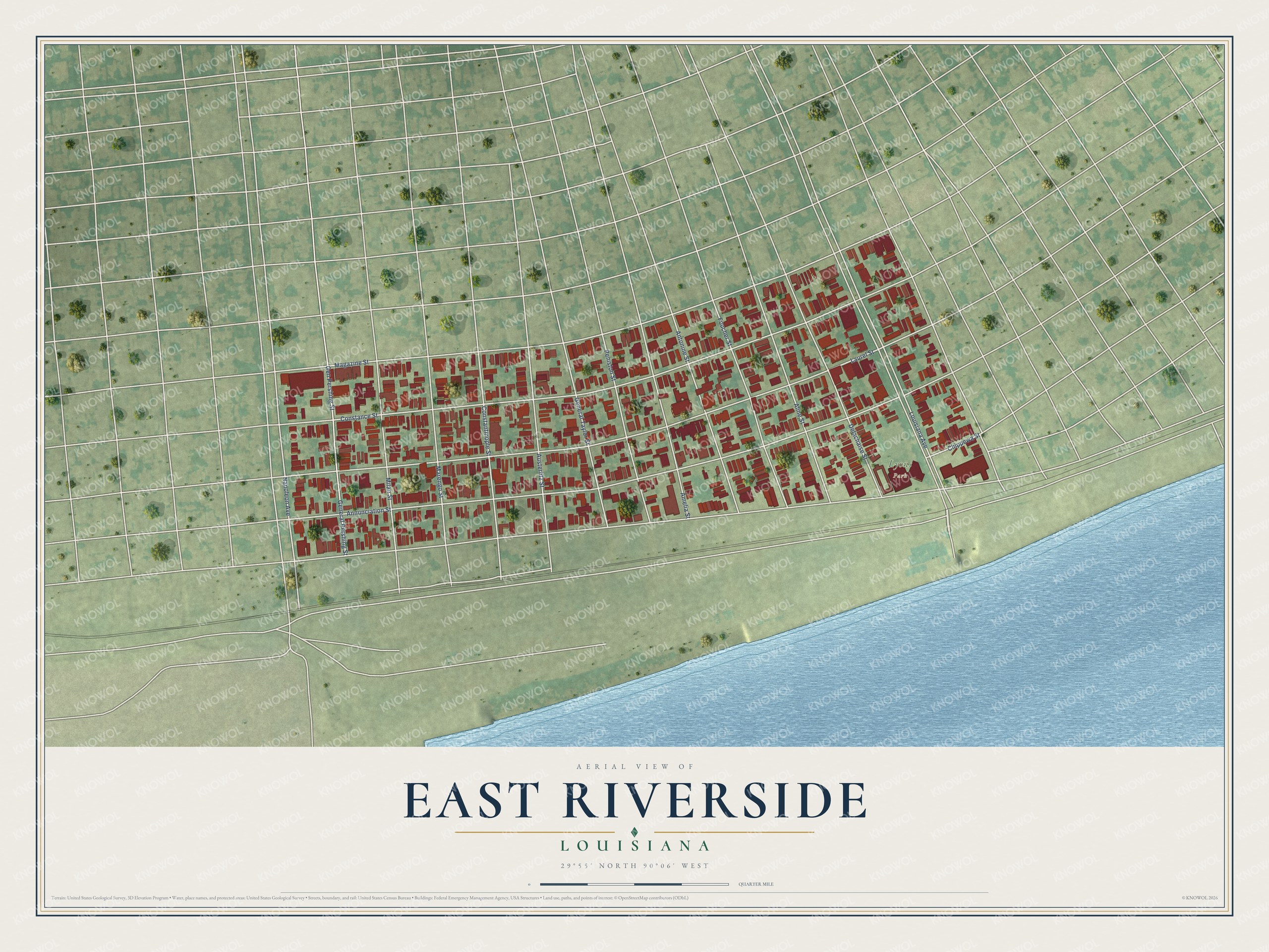 Full map of East Riverside, Louisiana, with red buildings, printed street names and the land around them