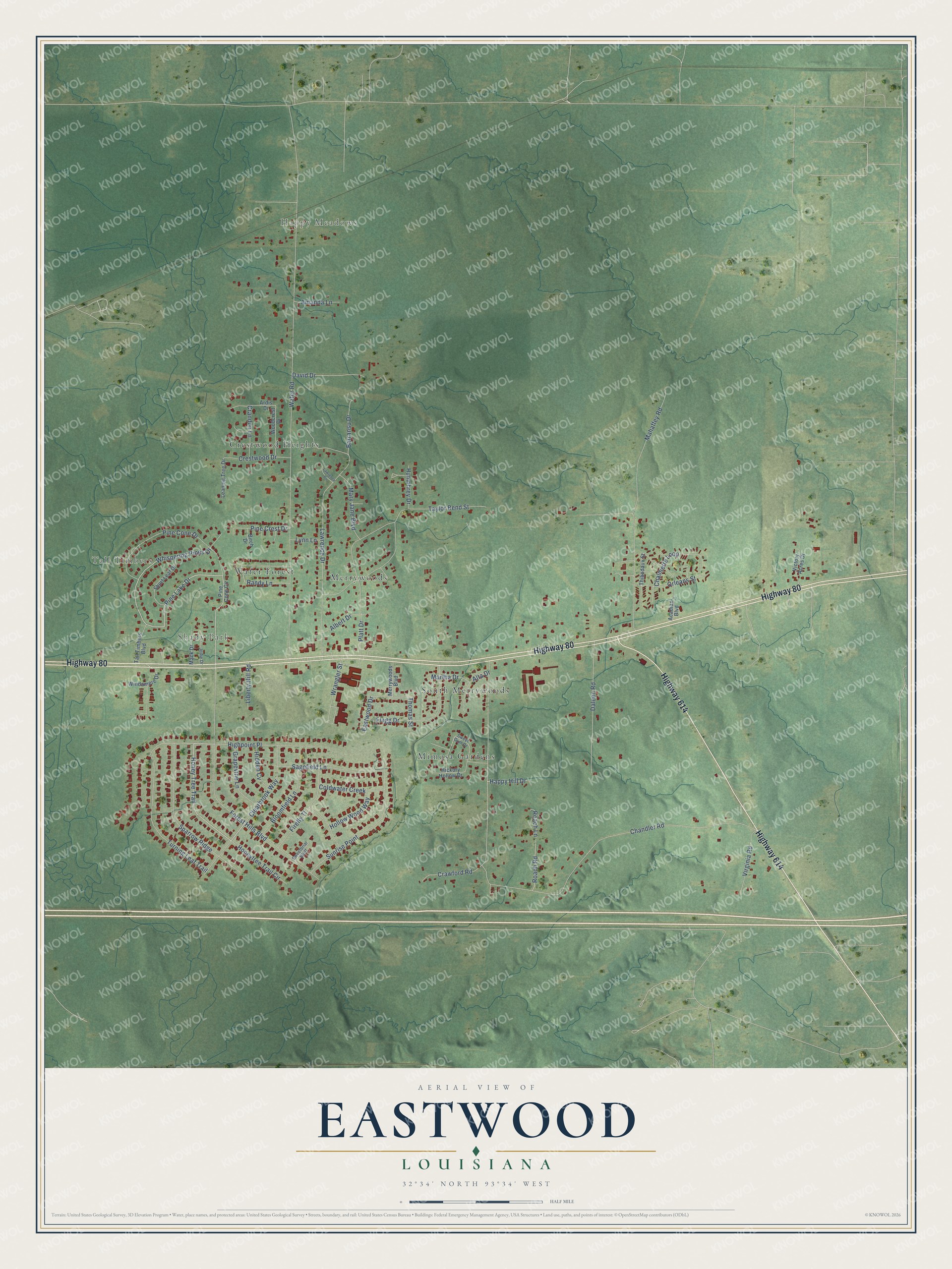 Full map of Eastwood, Louisiana, with red buildings, printed street names and the land around them