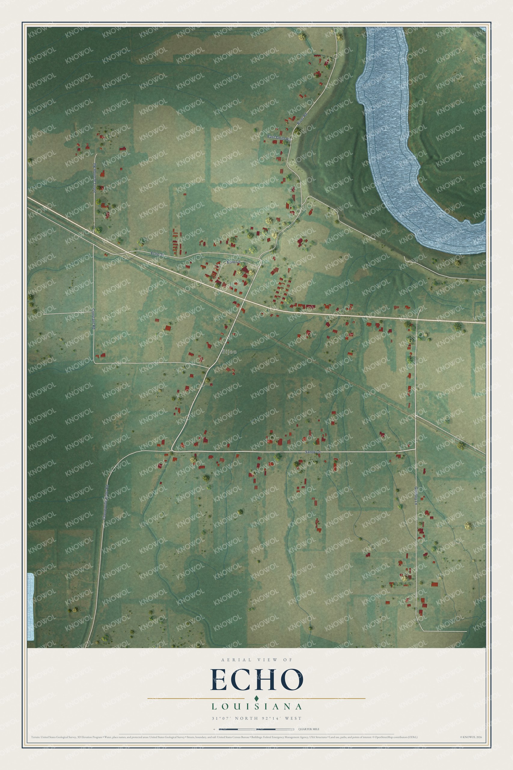 Full map of Echo, Louisiana, with red buildings, printed street names and the land around them