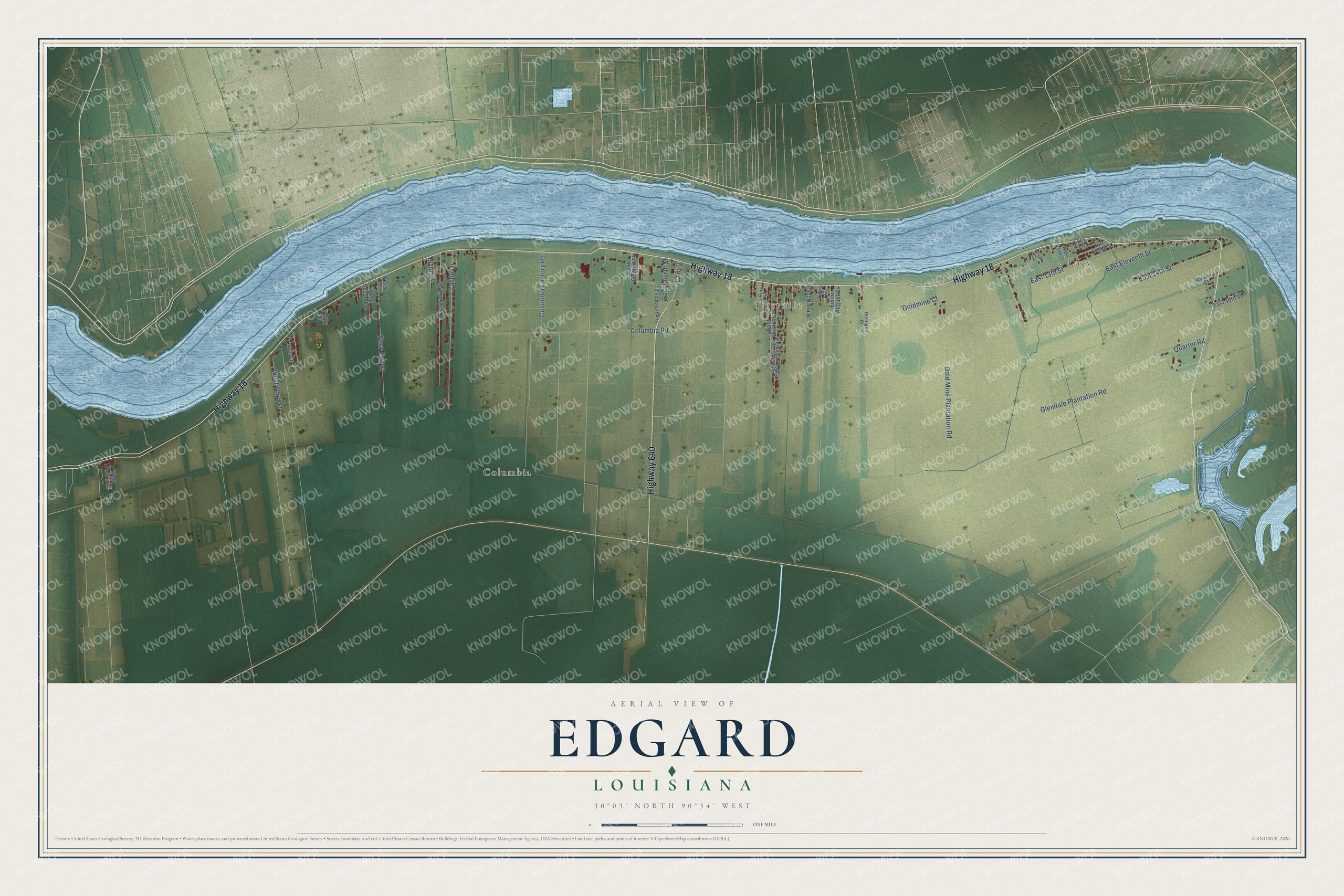 Full map of Edgard, Louisiana, with red buildings, printed street names and the land around them