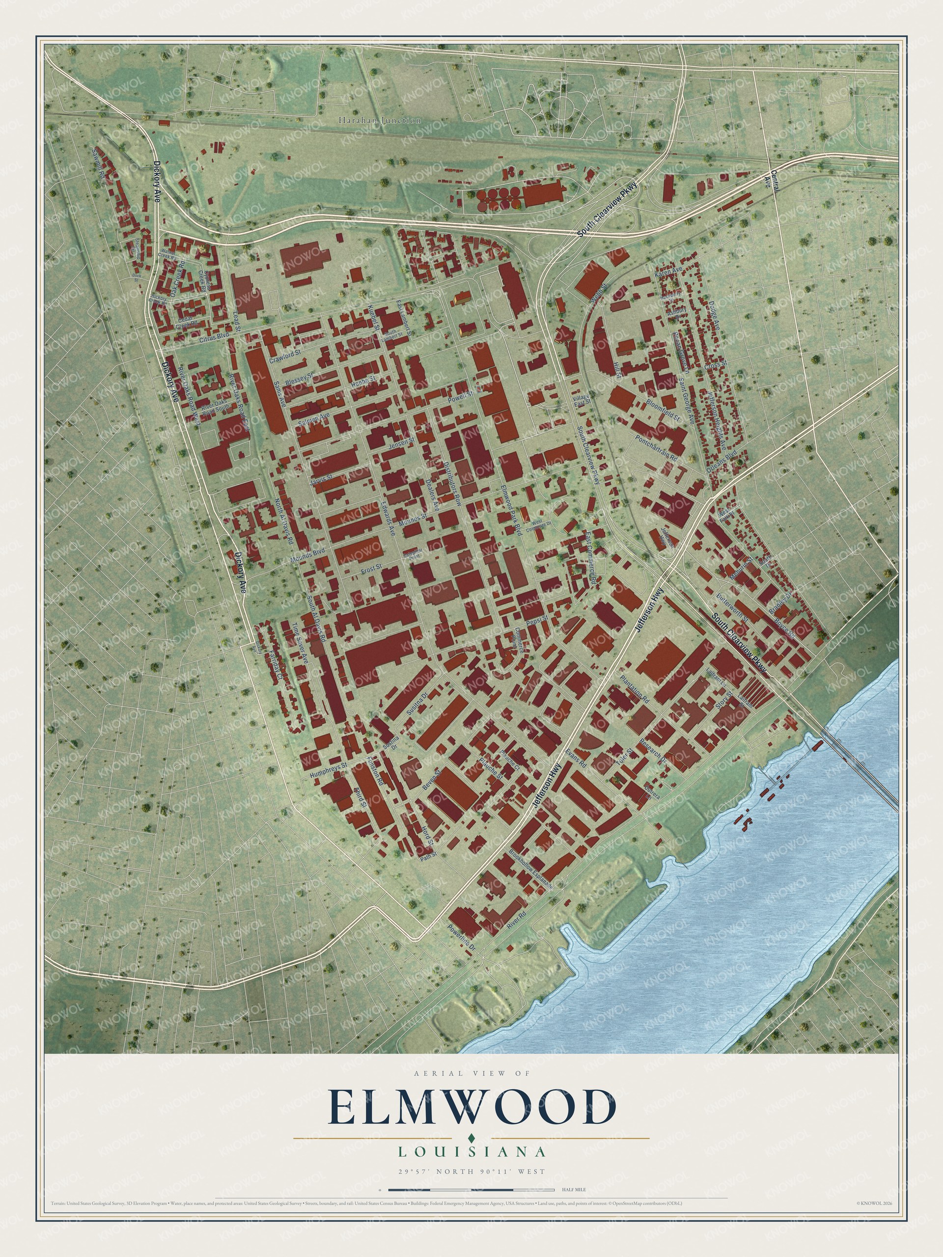 Full map of Elmwood, Louisiana, with red buildings, printed street names and the land around them