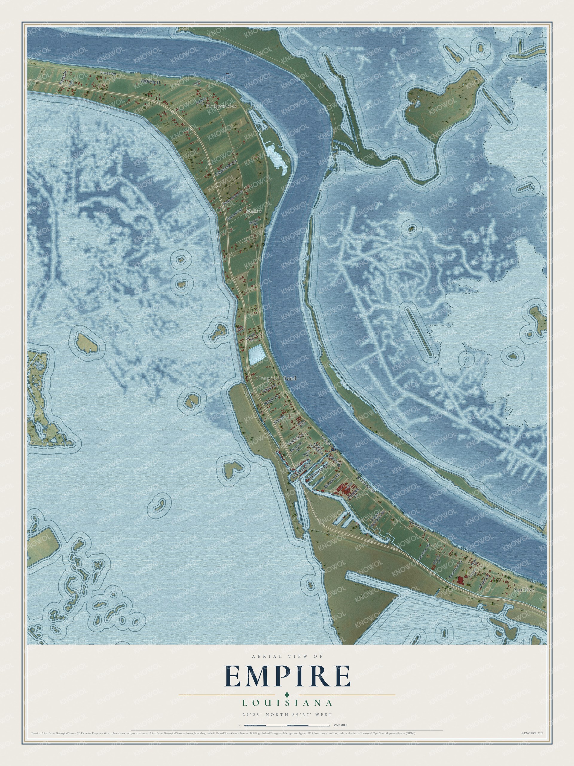 Full map of Empire, Louisiana, with red buildings, printed street names and the land around them