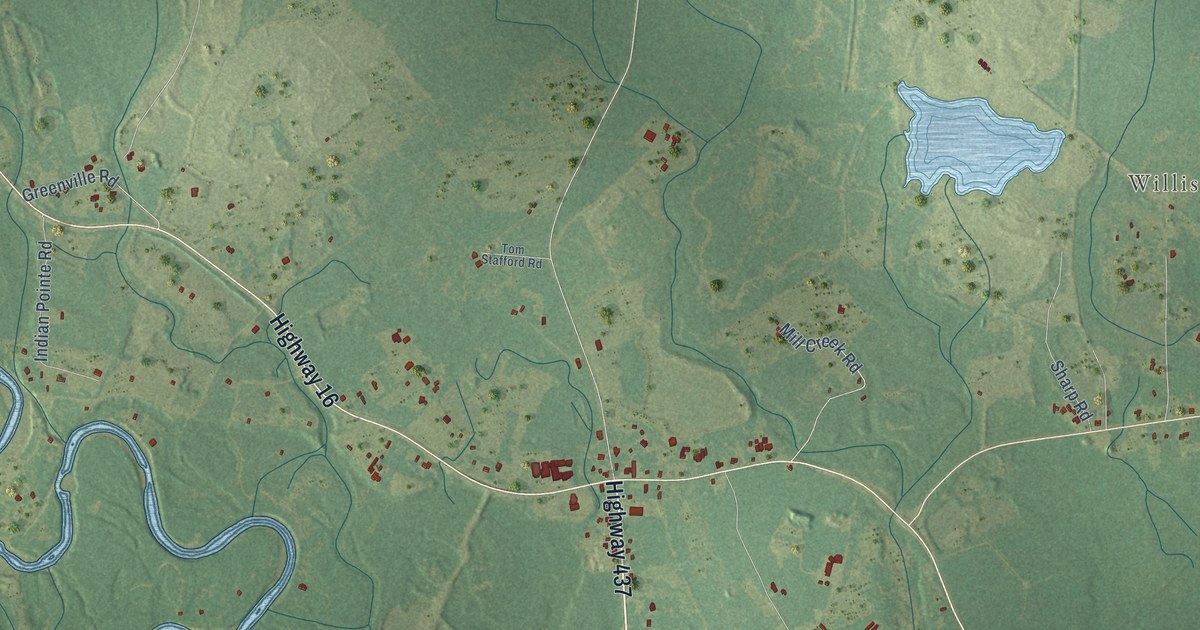 Close-up of streets and buildings in Enon, Louisiana