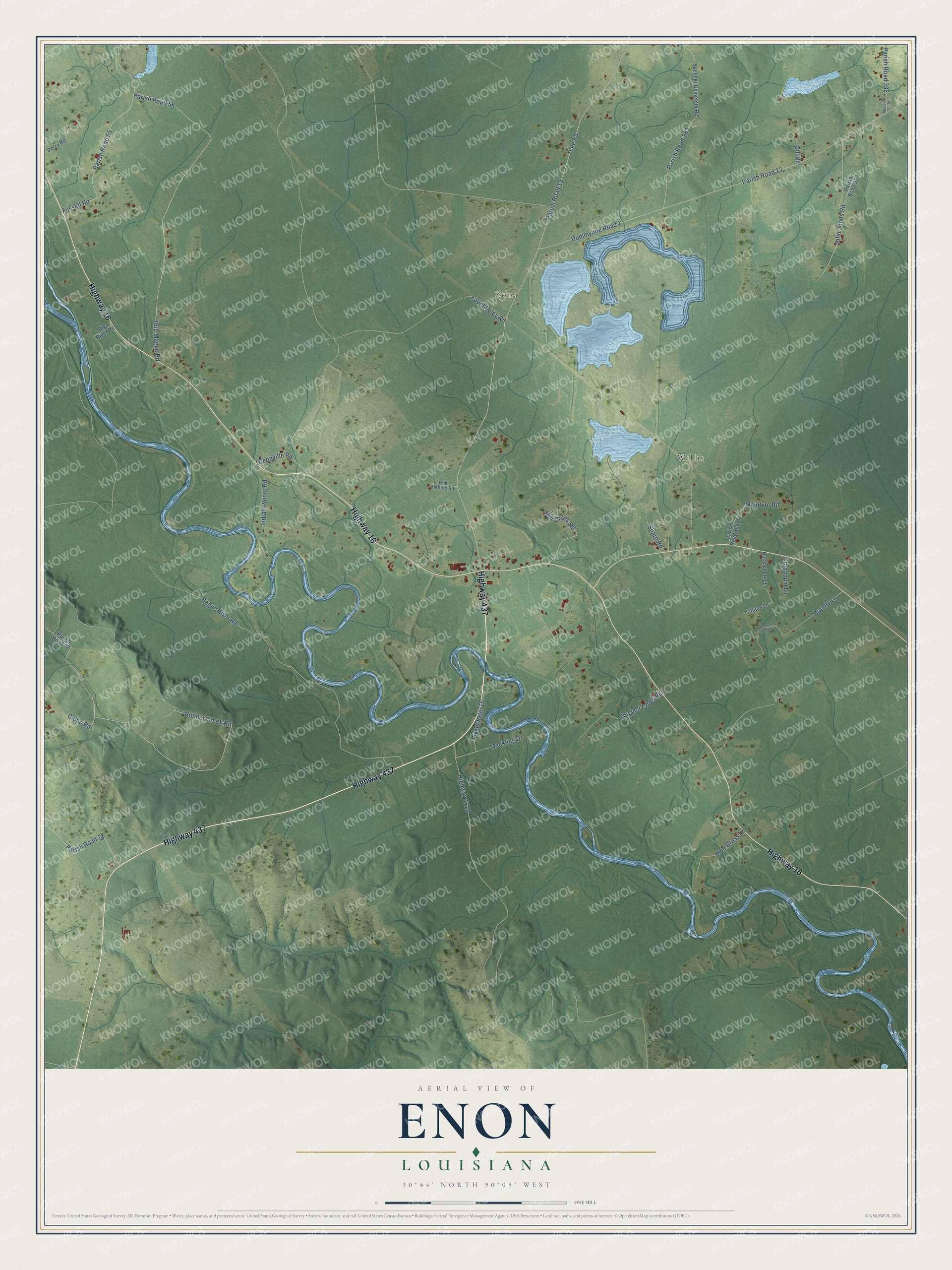 Full map of Enon, Louisiana, with red buildings, printed street names and the land around them