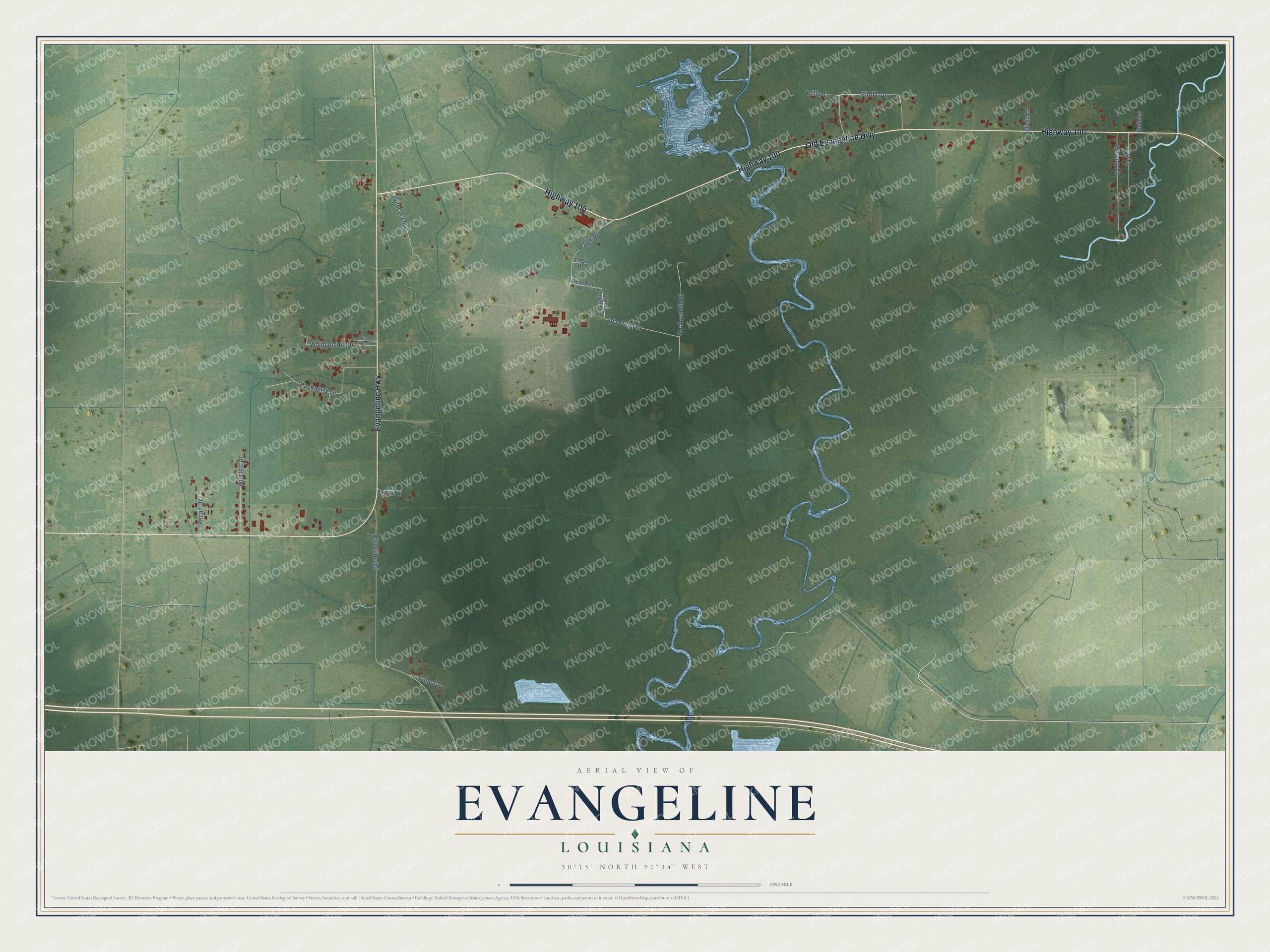 Full map of Evangeline, Louisiana, with red buildings, printed street names and the land around them