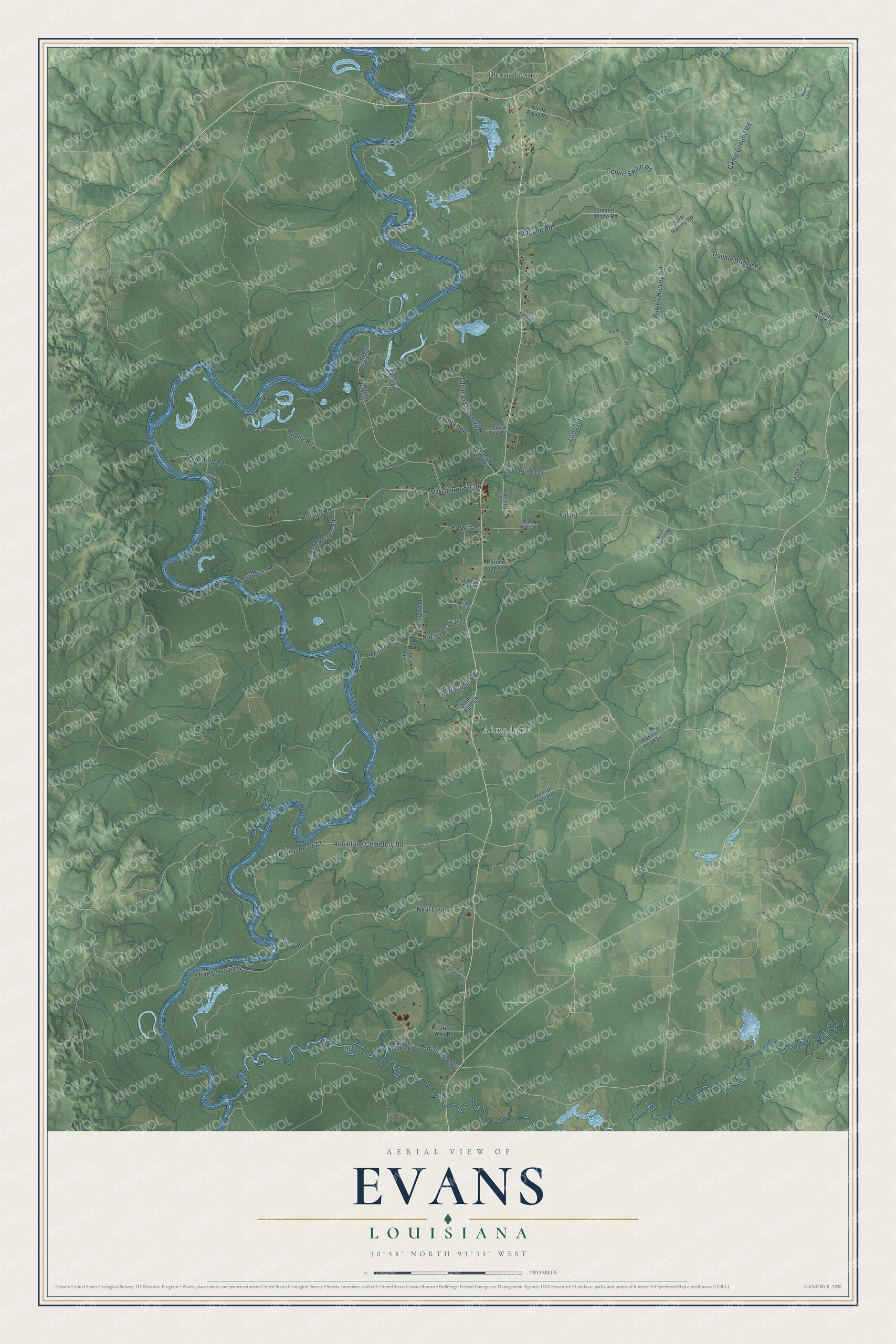 Full map of Evans, Louisiana, with red buildings, printed street names and the land around them