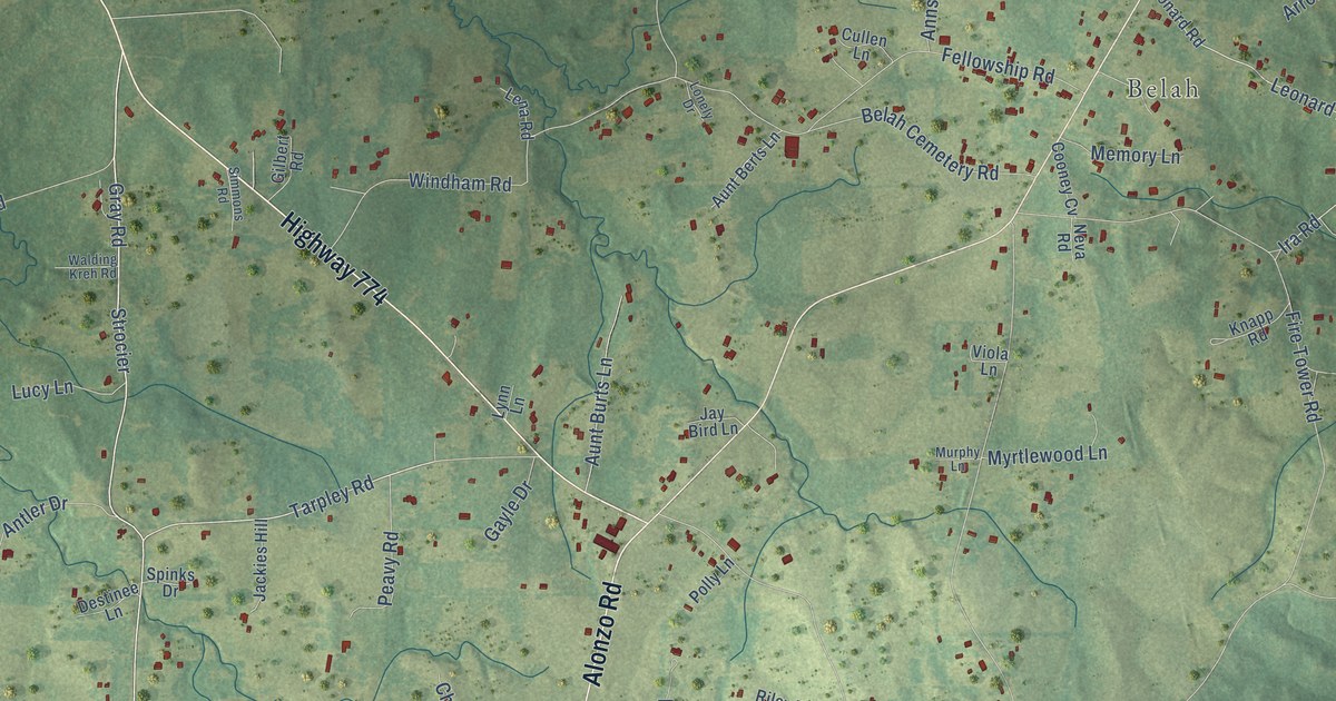 Close-up of streets and buildings in Fellowship, Louisiana