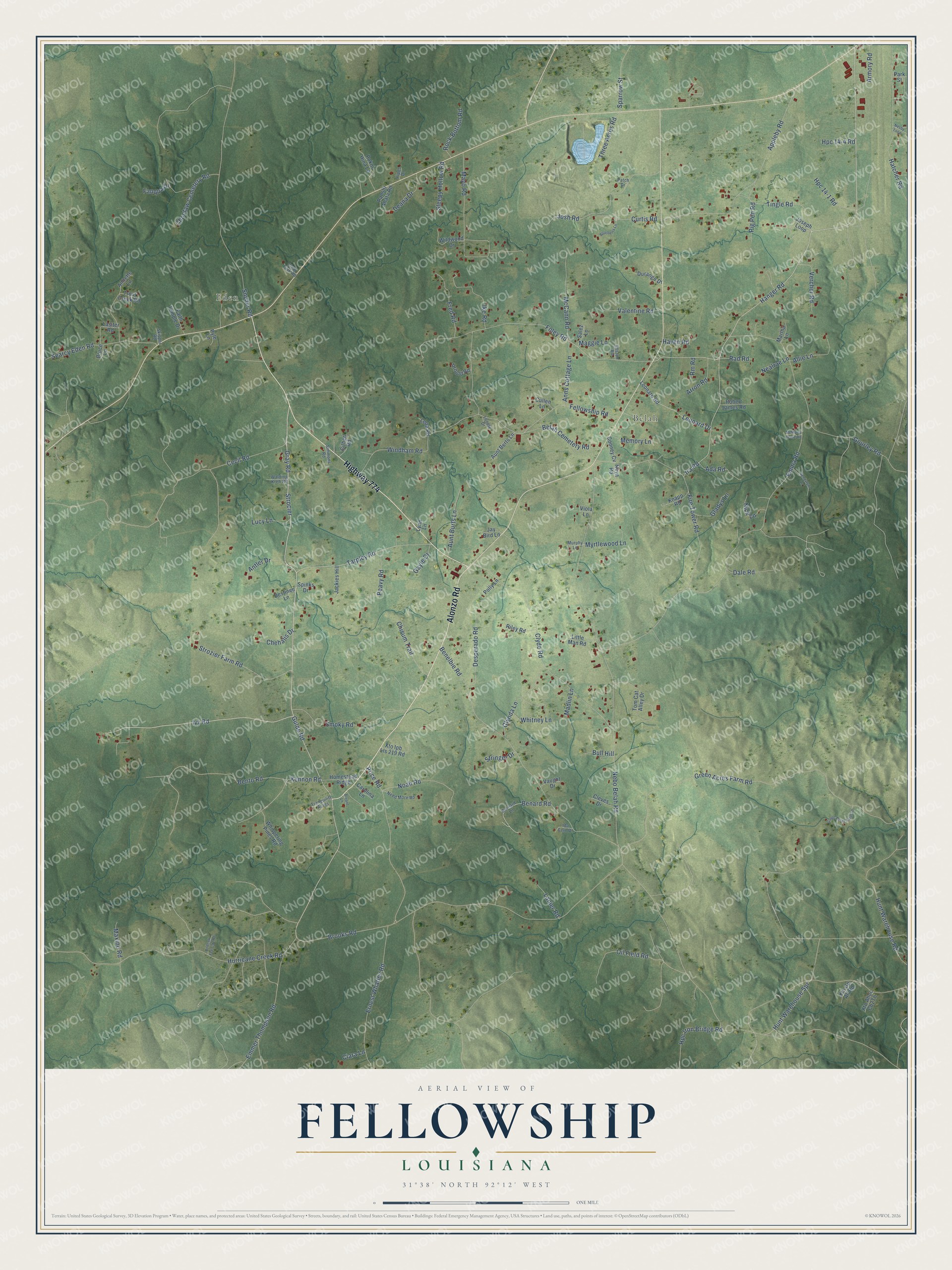 Full map of Fellowship, Louisiana, with red buildings, printed street names and the land around them