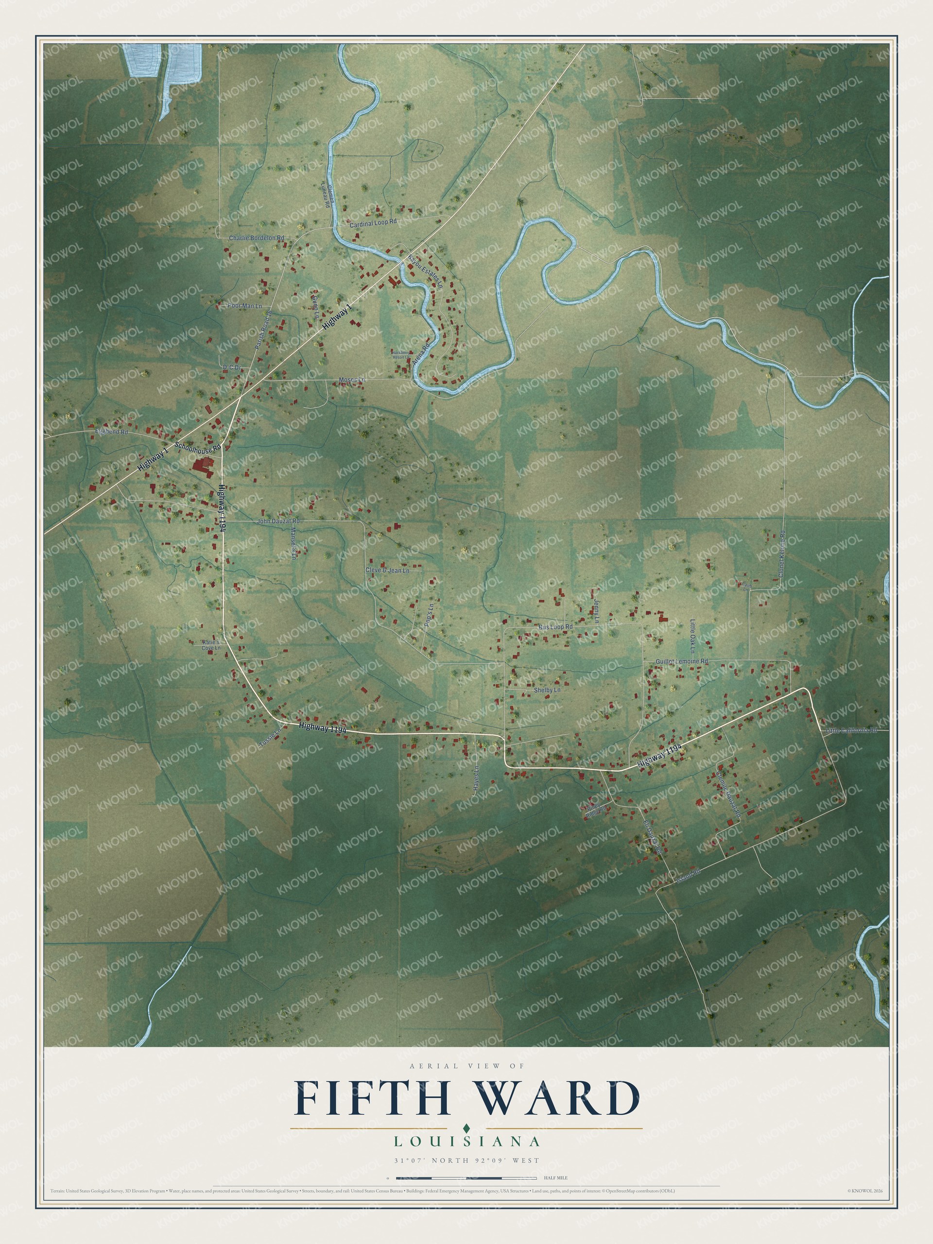 Full map of Fifth Ward, Louisiana, with red buildings, printed street names and the land around them