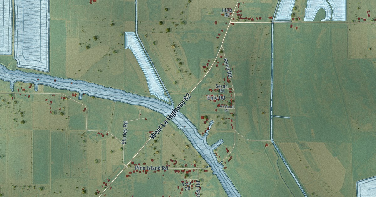 Close-up of streets and buildings in Forked Island, Louisiana