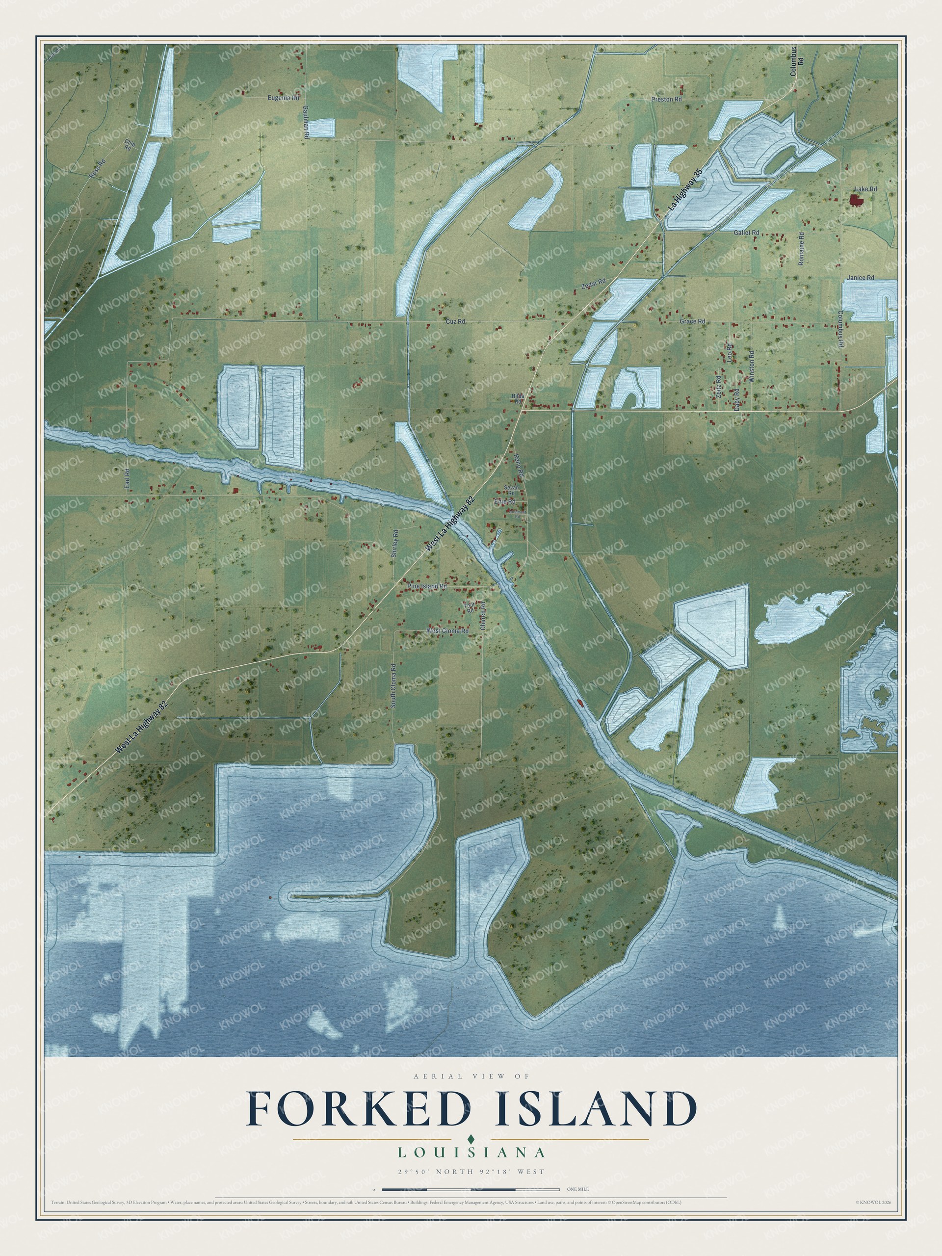 Full map of Forked Island, Louisiana, with red buildings, printed street names and the land around them