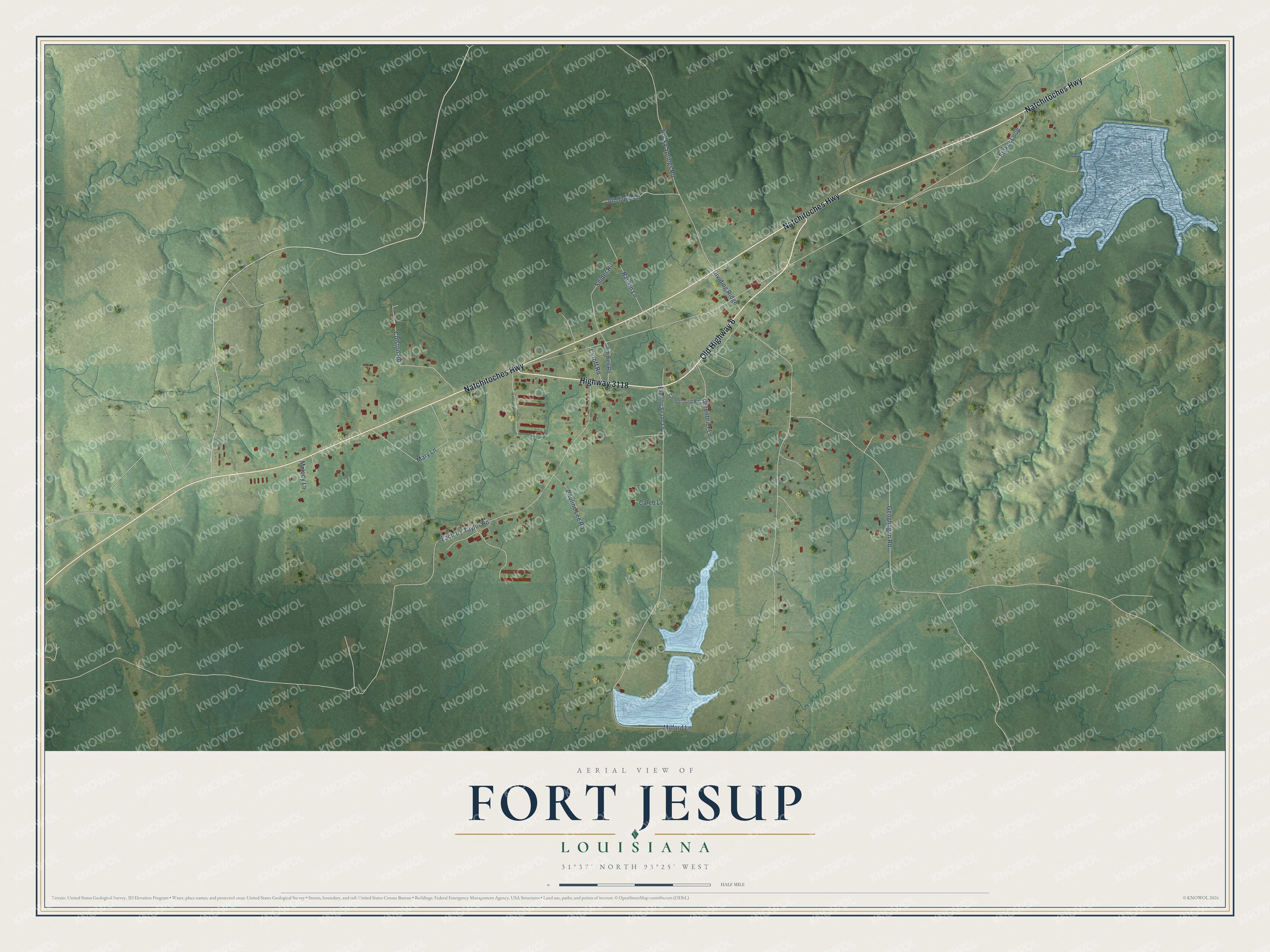 Full map of Fort Jesup, Louisiana, with red buildings, printed street names and the land around them