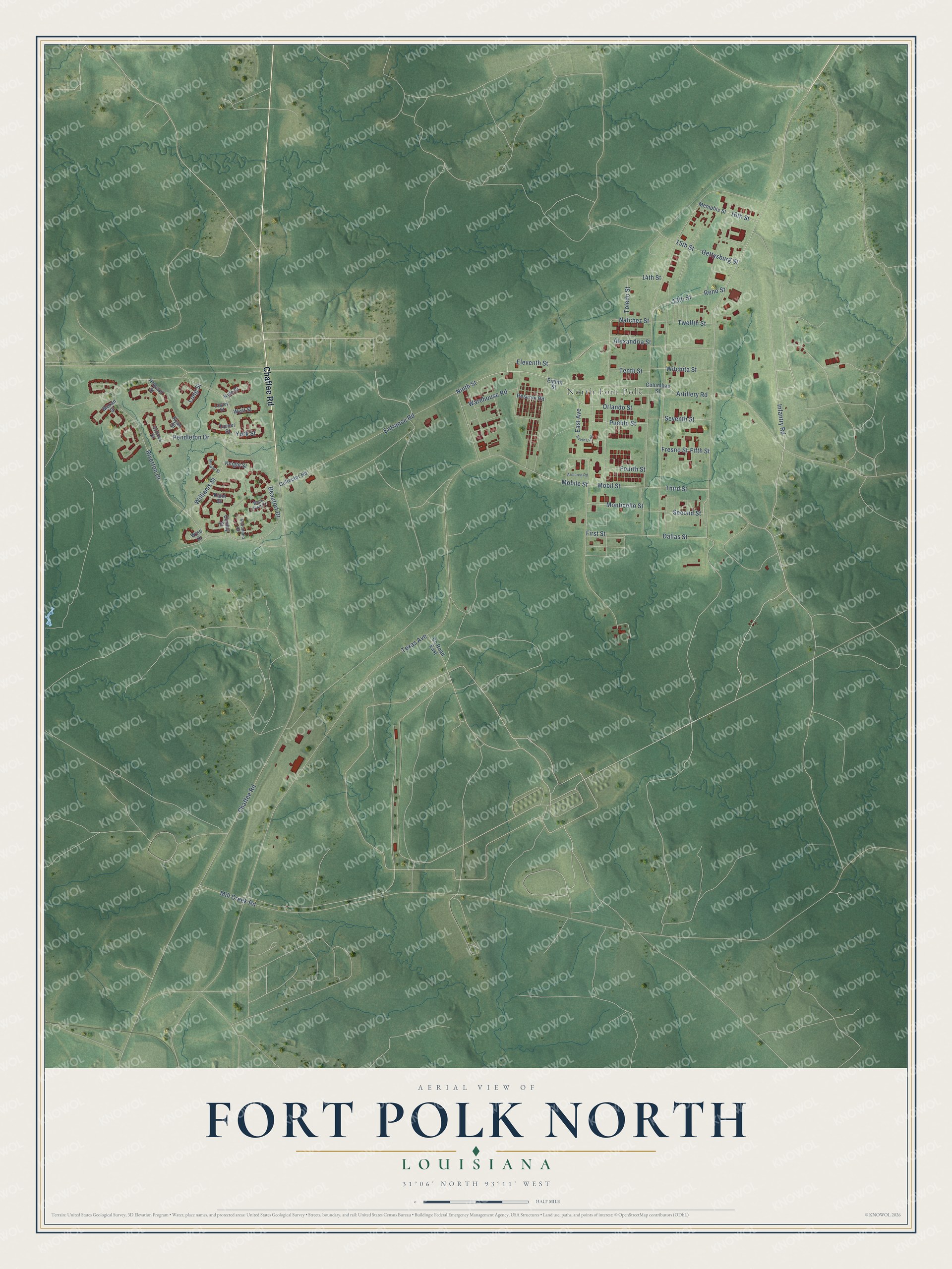 Full map of Fort Polk North, Louisiana, with red buildings, printed street names and the land around them