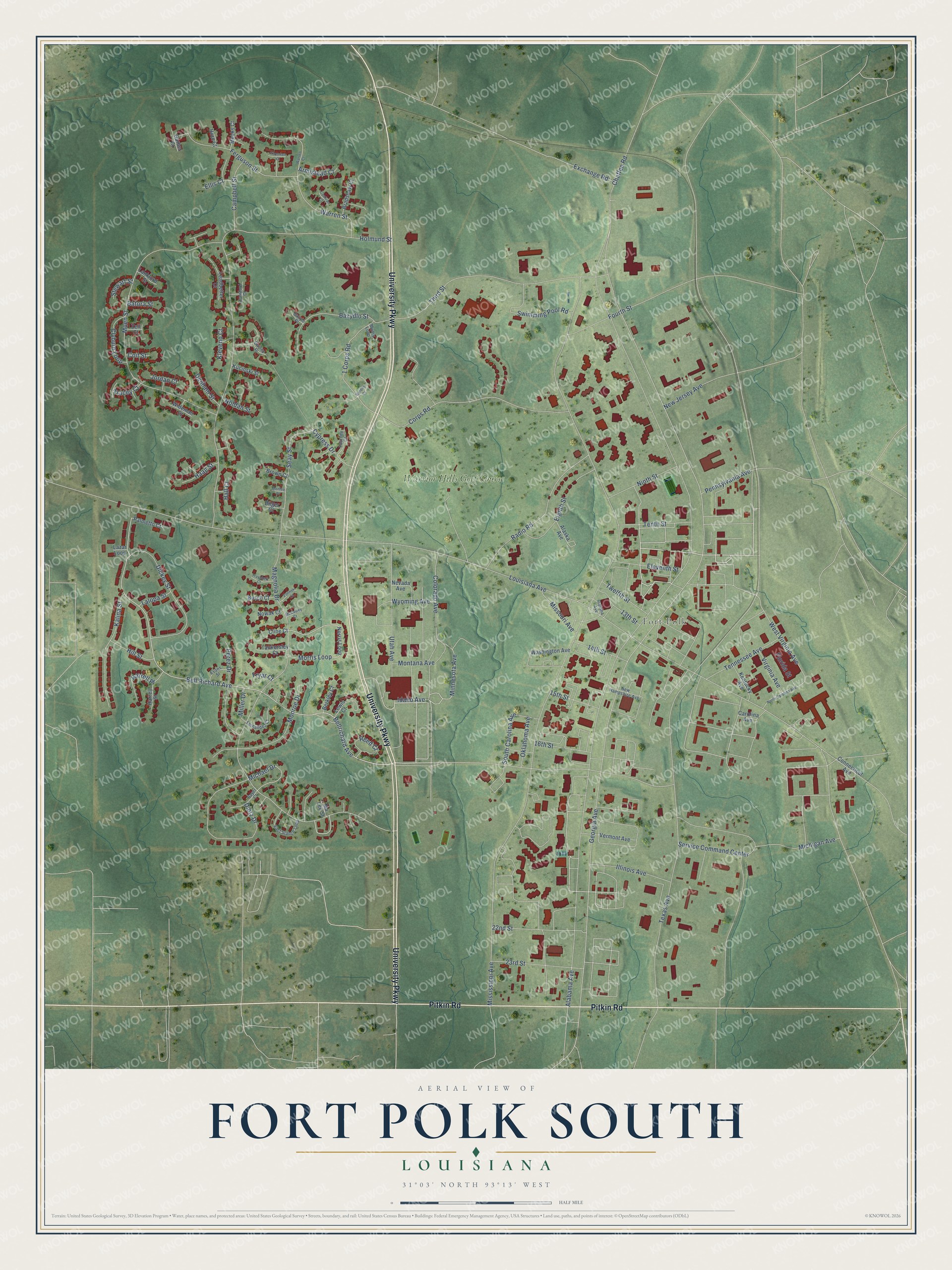 Full map of Fort Polk South, Louisiana, with red buildings, printed street names and the land around them