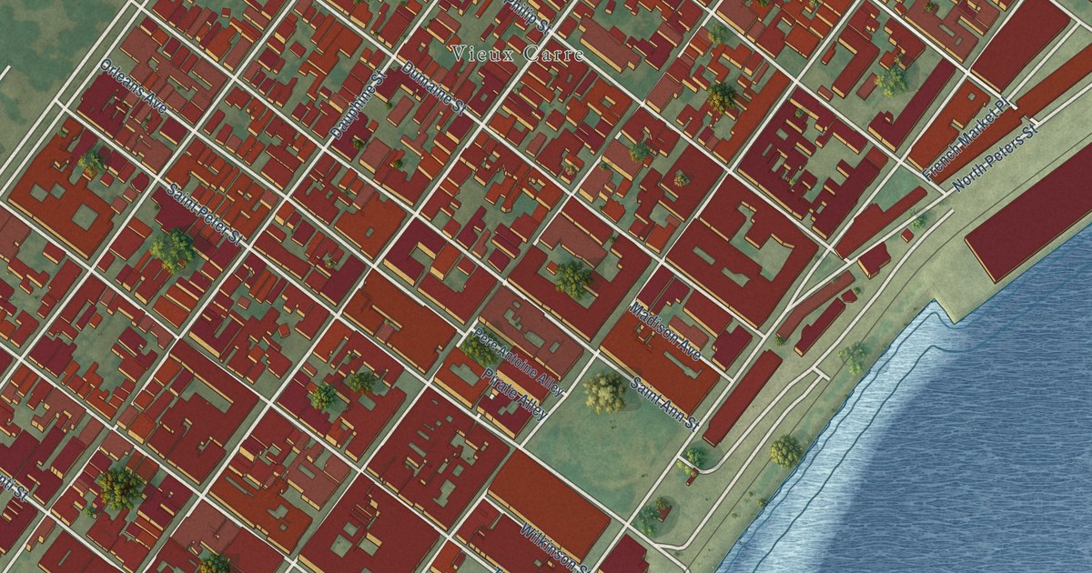 Close-up of streets and buildings in French Quarter, Louisiana