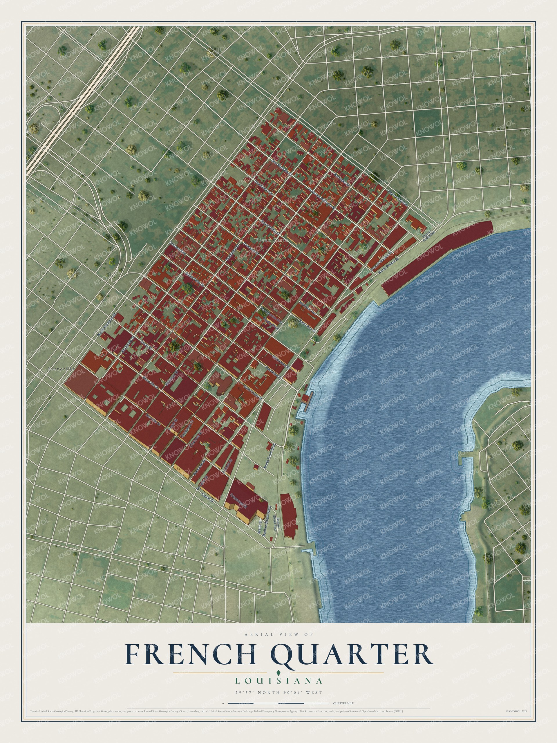 Full map of French Quarter, Louisiana, with red buildings, printed street names and the land around them
