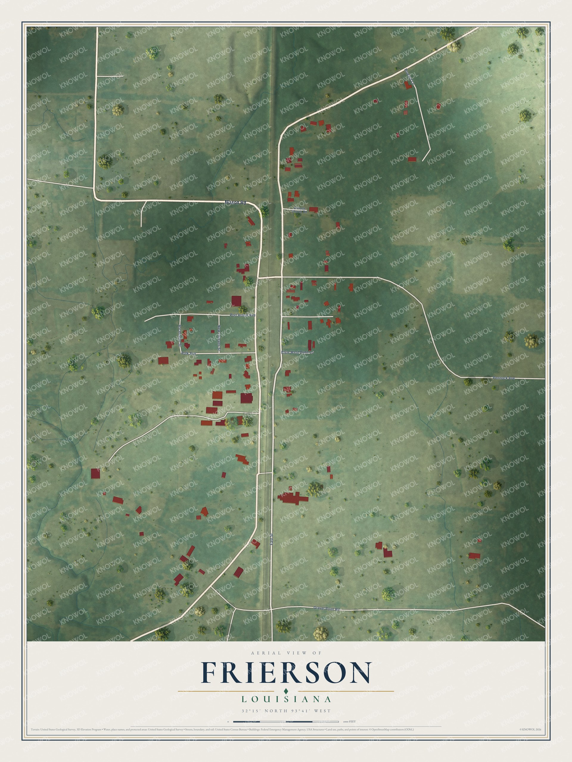 Full map of Frierson, Louisiana, with red buildings, printed street names and the land around them