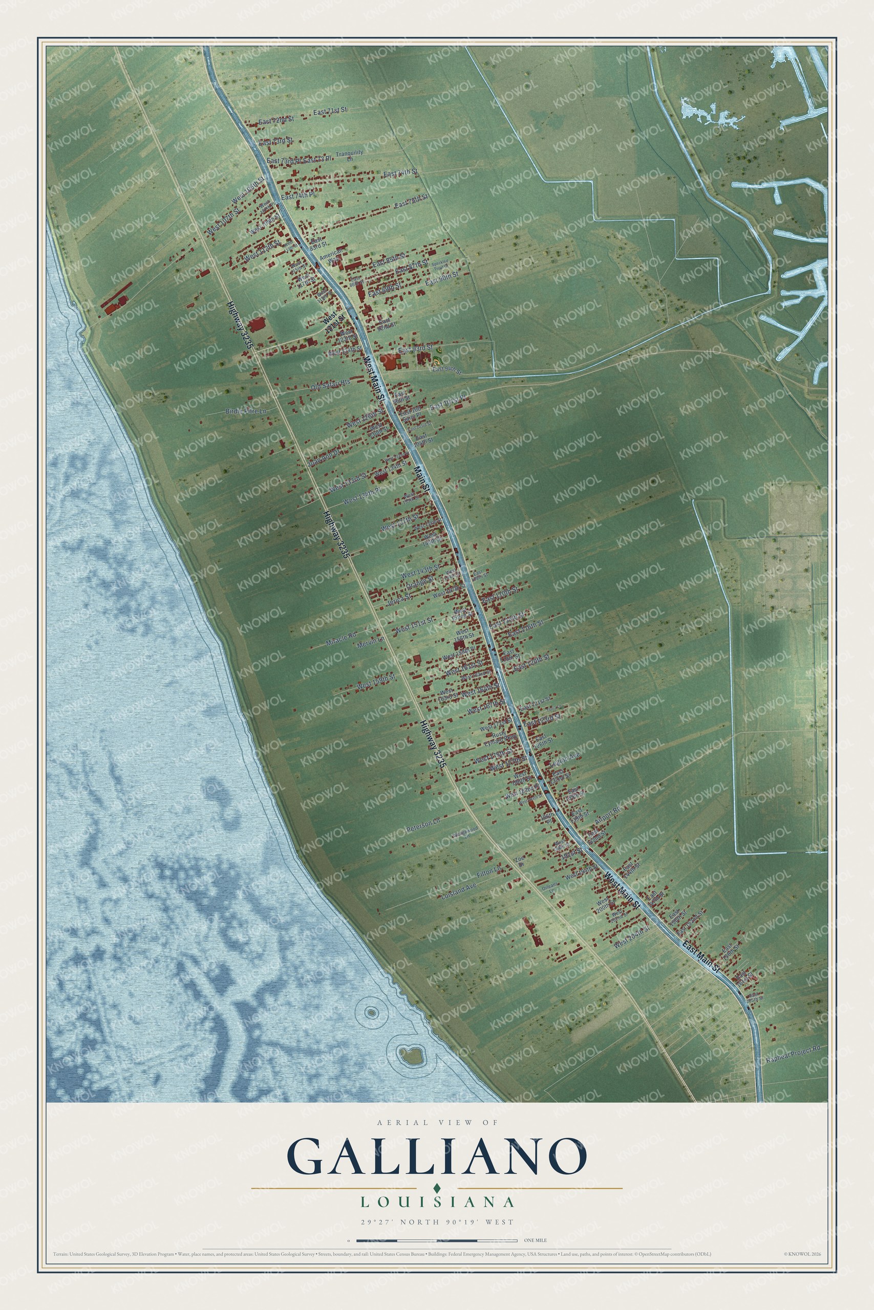 Full map of Galliano, Louisiana, with red buildings, printed street names and the land around them