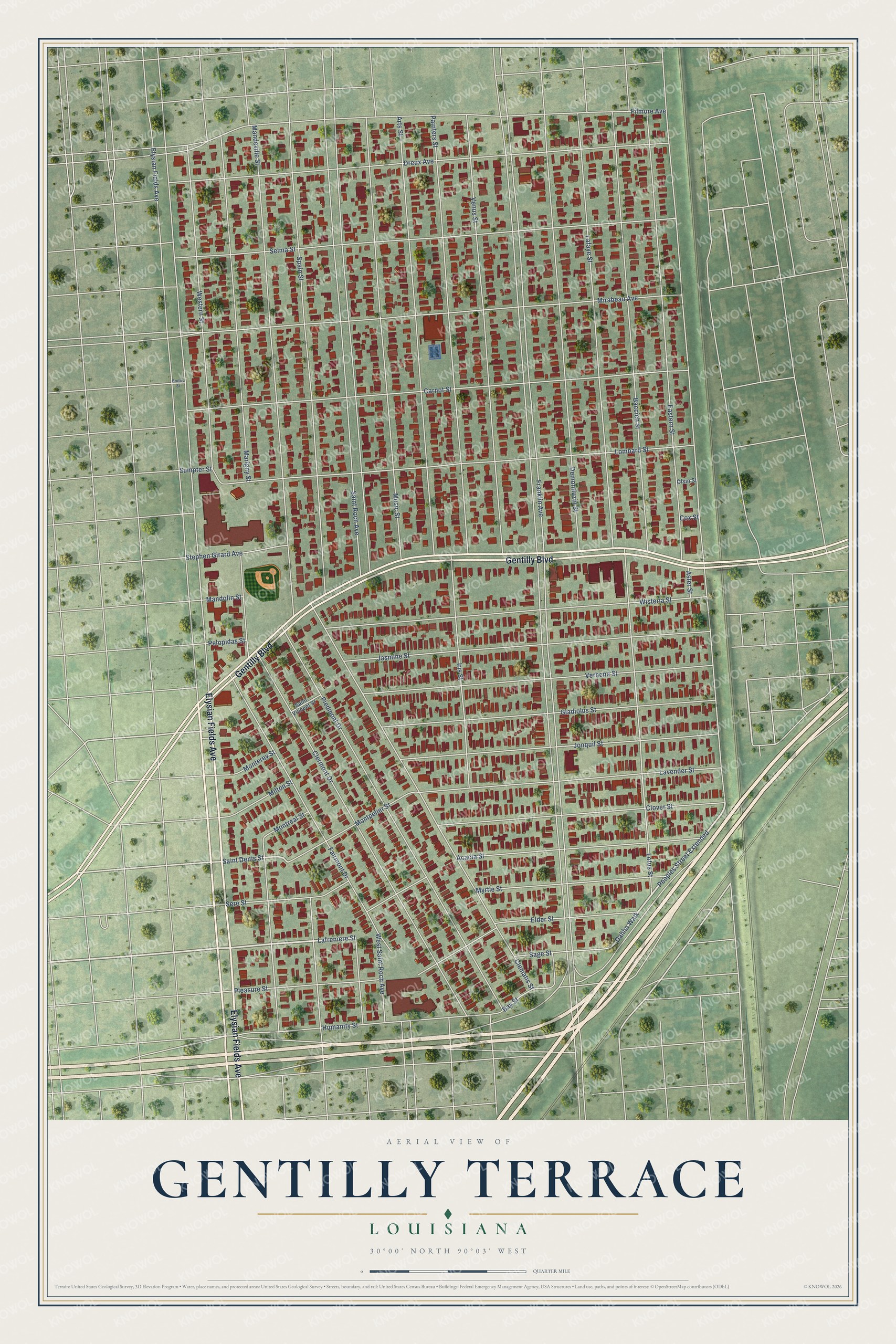Full map of Gentilly Terrace, Louisiana, with red buildings, printed street names and the land around them