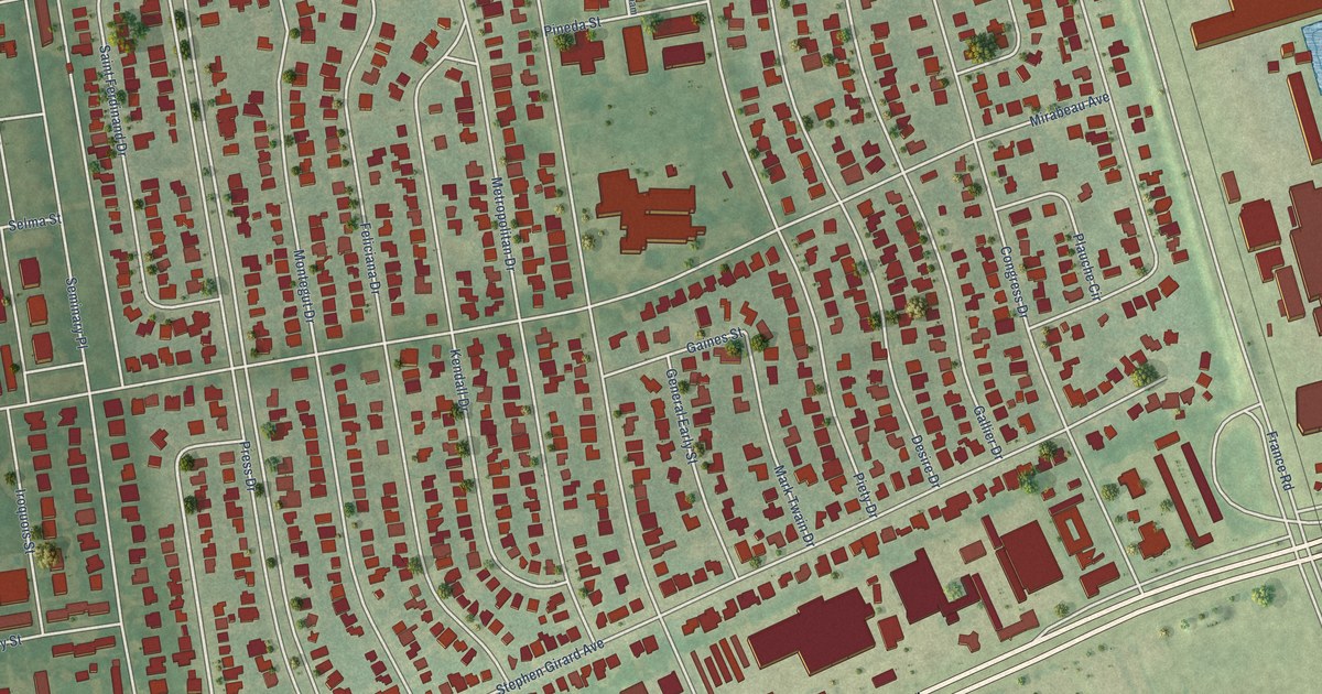 Close-up of streets and buildings in Gentilly Woods, Louisiana