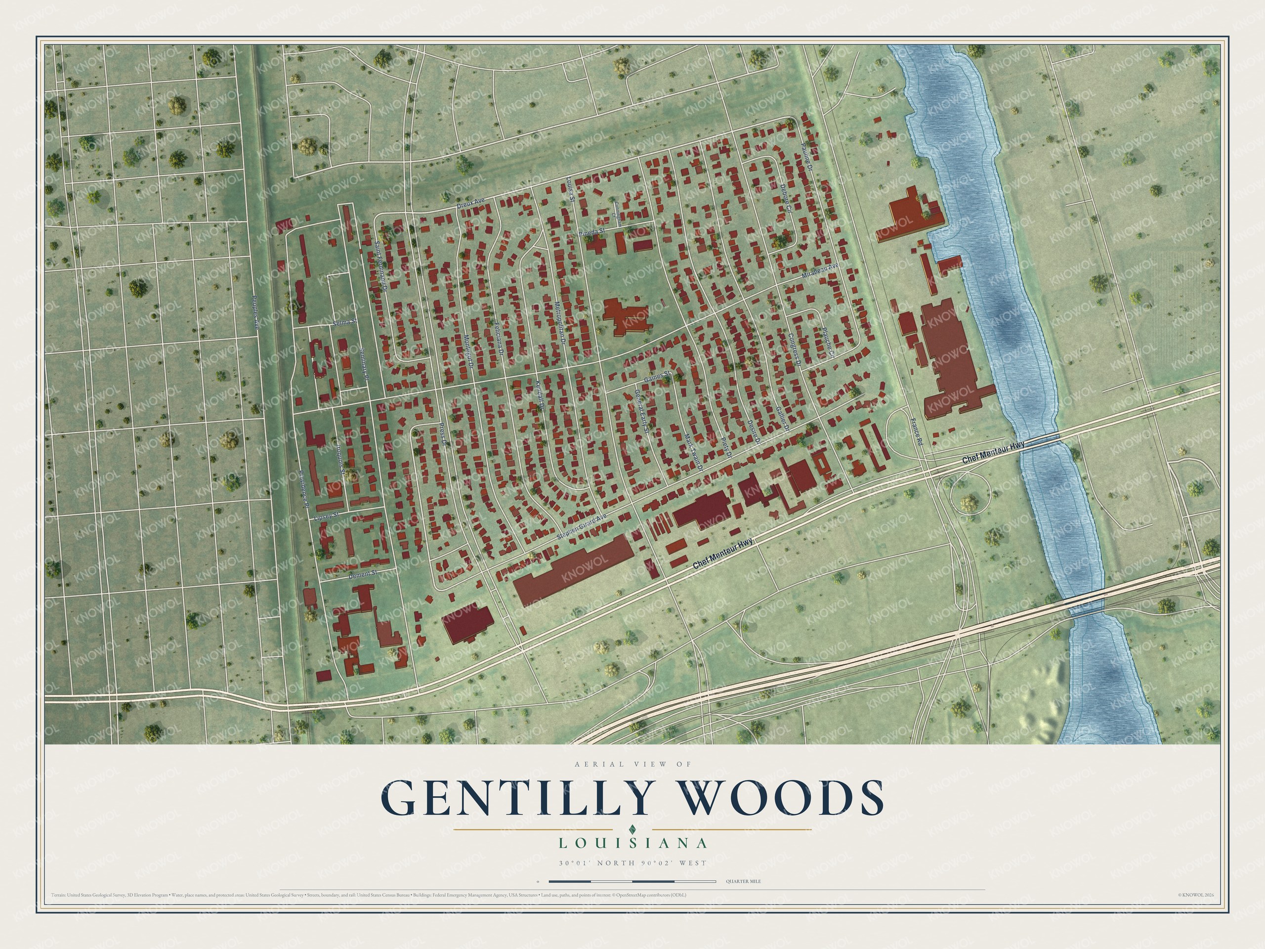 Full map of Gentilly Woods, Louisiana, with red buildings, printed street names and the land around them